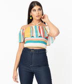 Multicolor Stripe Off Shoulder Halter Crop Blouse