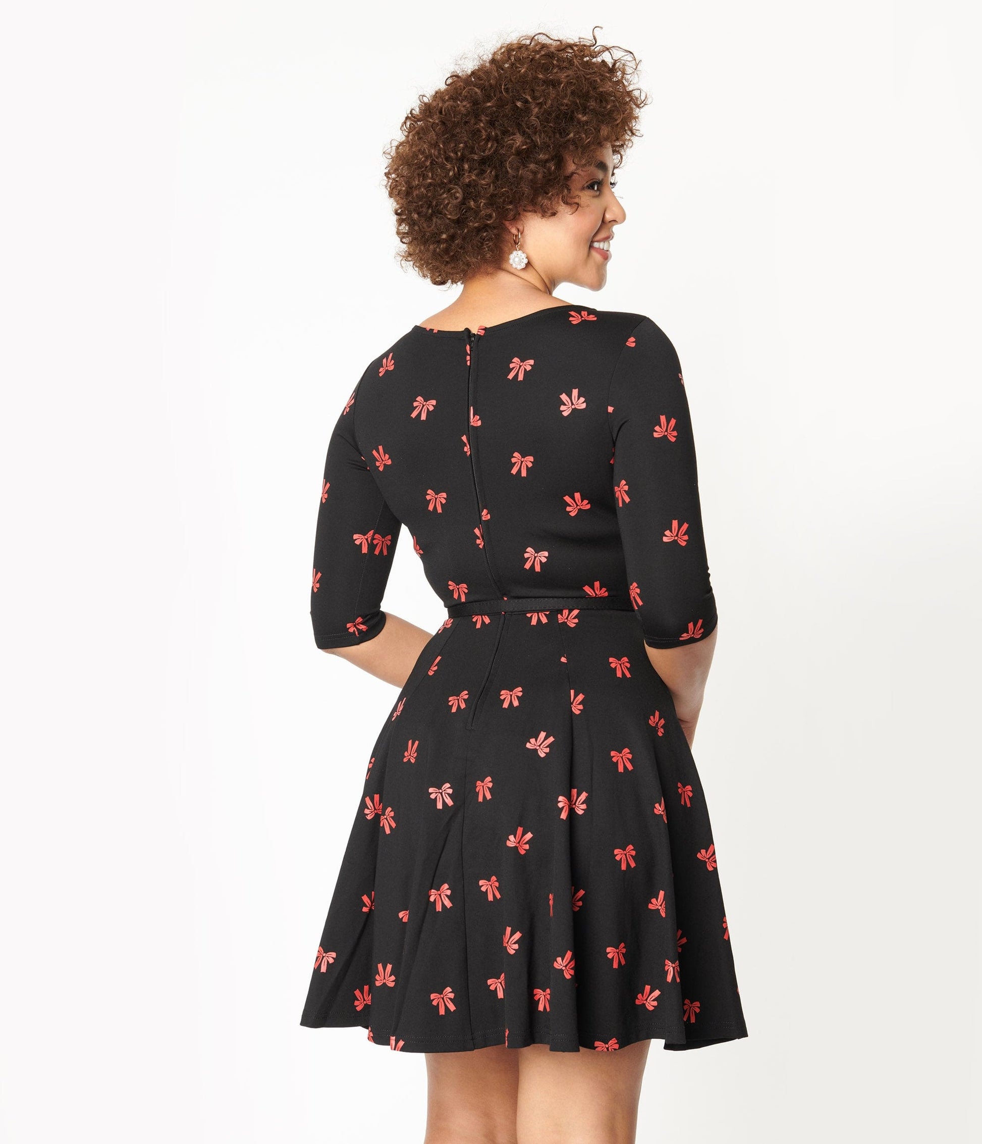 1950s Unique Vintage Black & Red Bows Print Stephanie Fit & Flare Dress