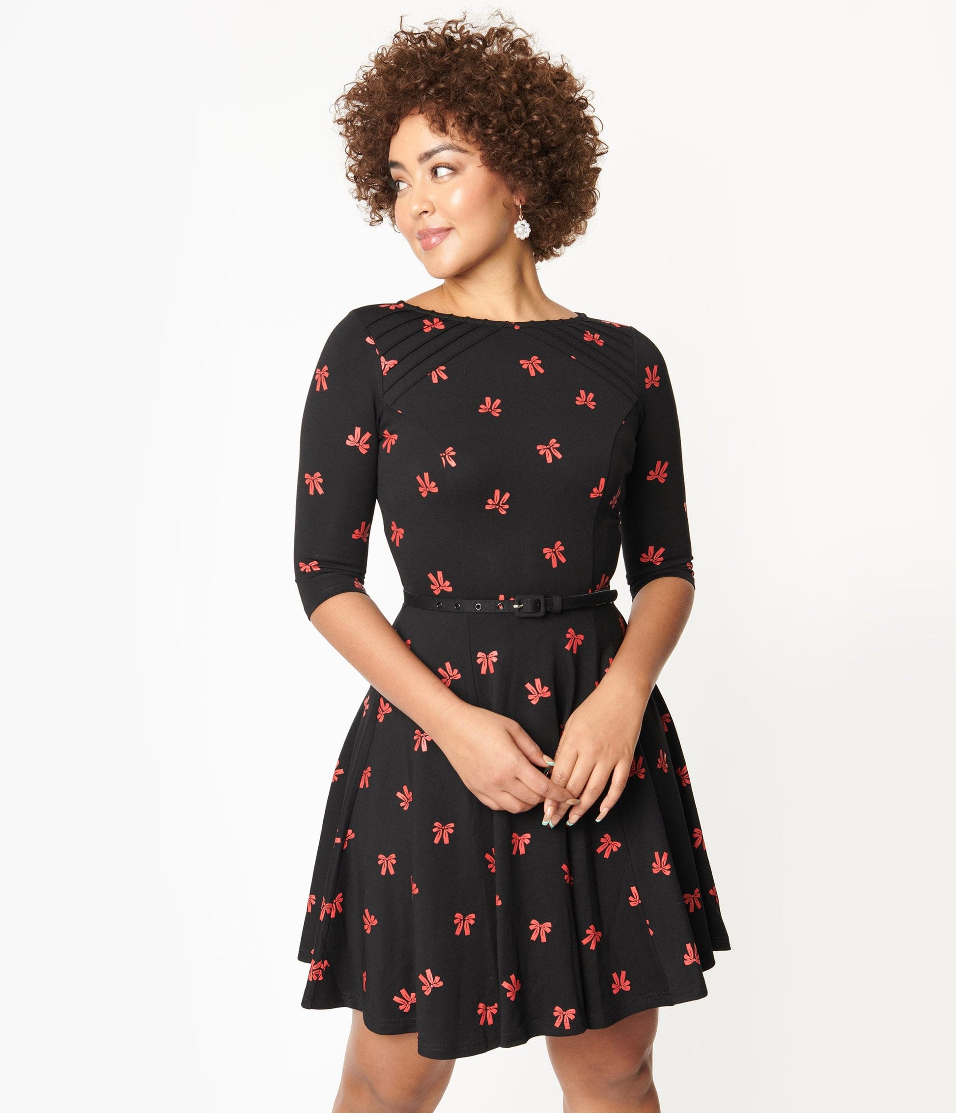 1950s Unique Vintage Black & Red Bows Print Stephanie Fit & Flare Dress