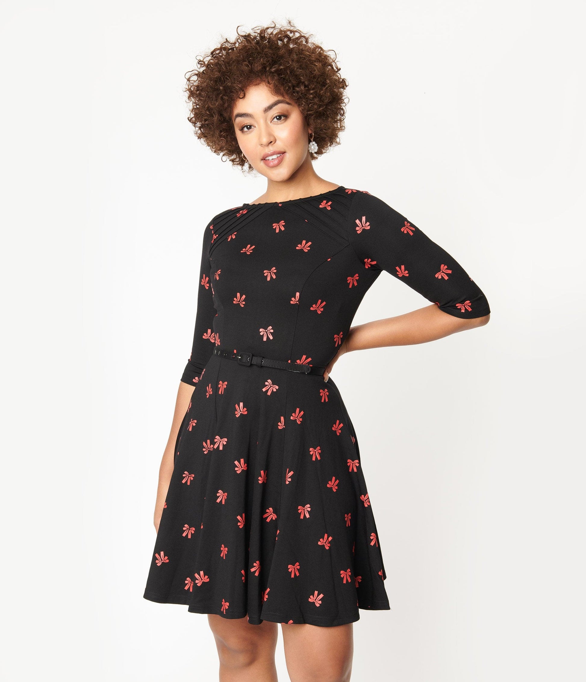 1950s Unique Vintage Black & Red Bows Print Stephanie Fit & Flare Dress
