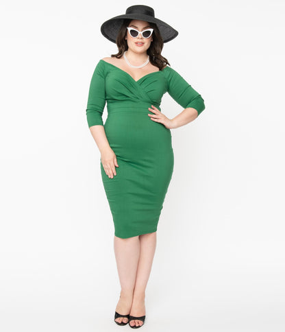 1950s Unique Vintage Plus Size Green Shailene Pencil Dress