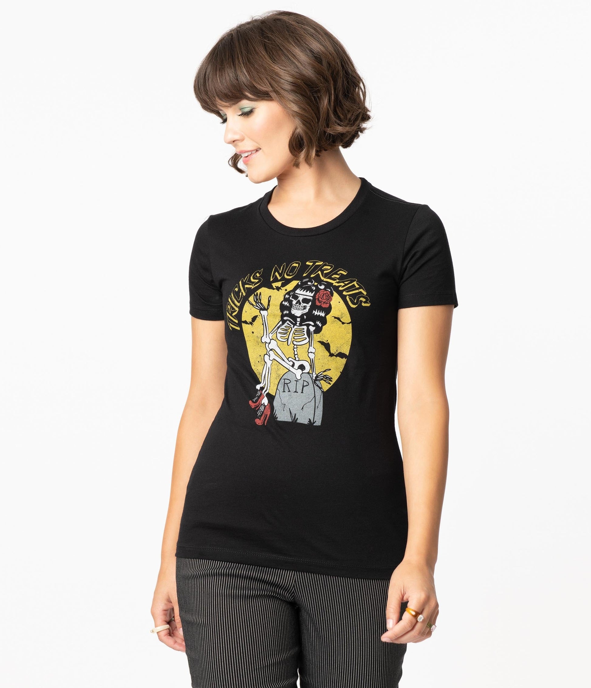 1980s Unique Vintage Black Tricks No Treats Womens Graphic Tee
