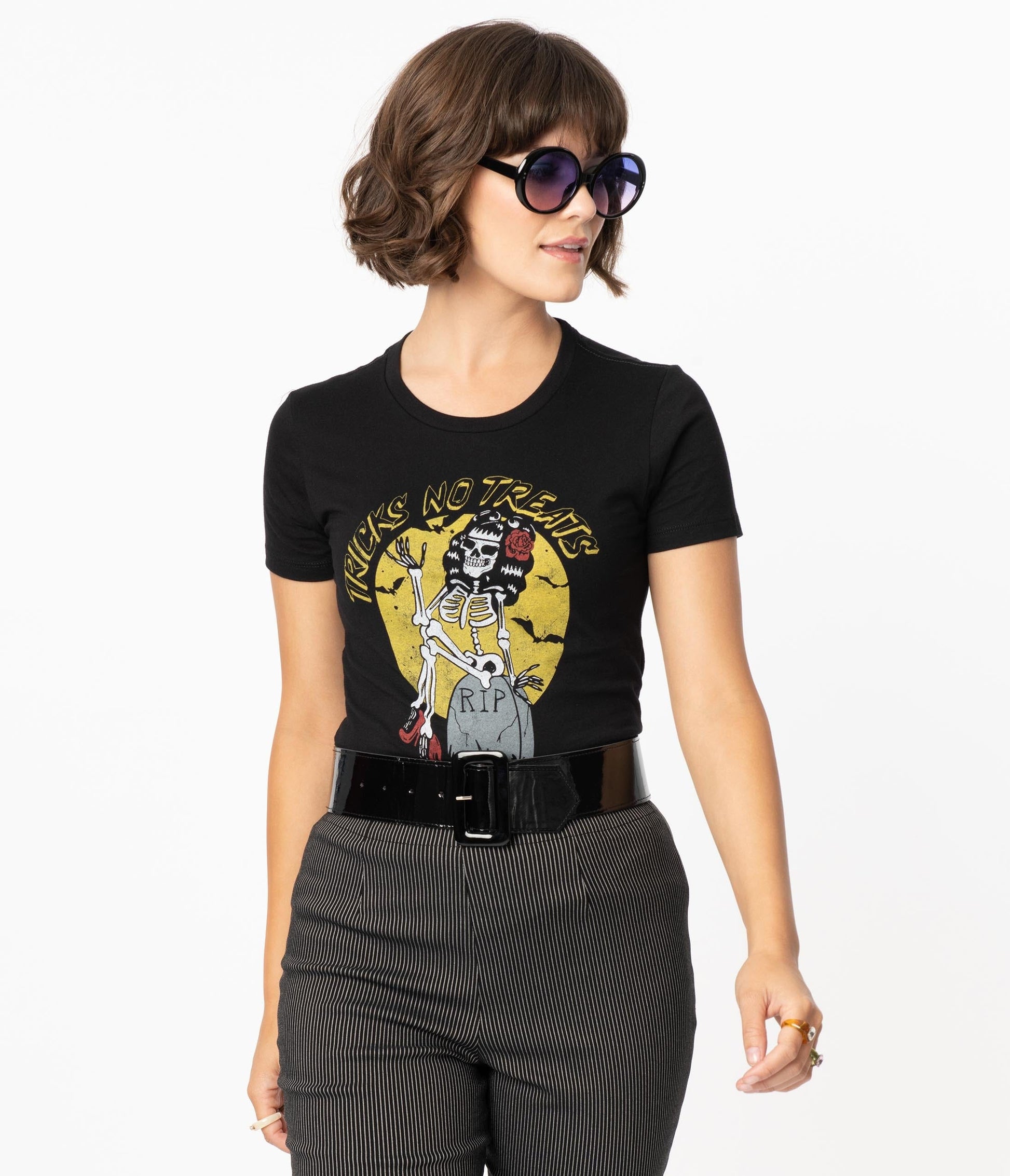 1980s Unique Vintage Black Tricks No Treats Womens Graphic Tee