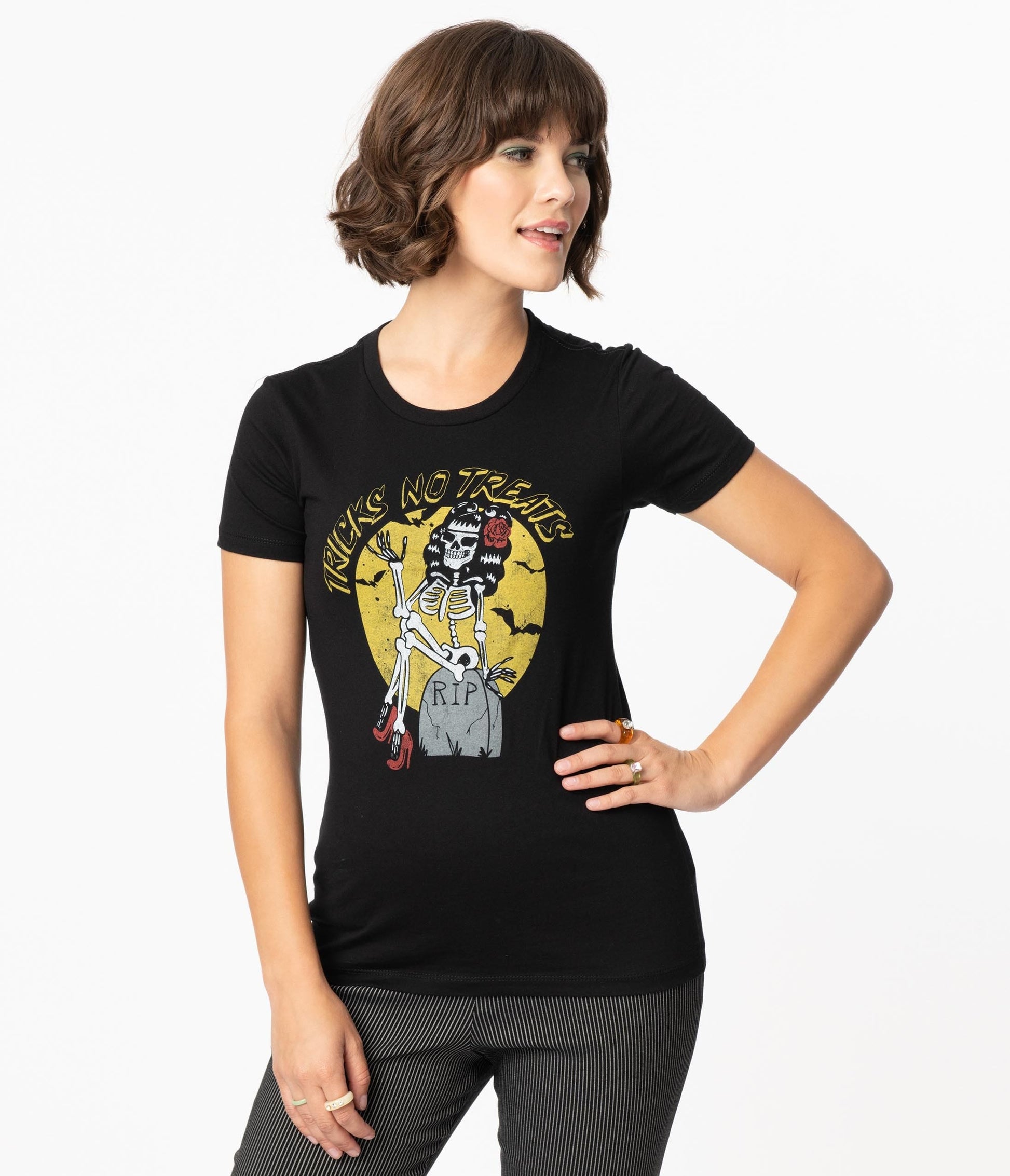 1980s Unique Vintage Black Tricks No Treats Womens Graphic Tee