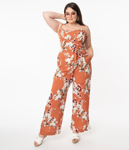 1970s Unique Vintage Plus Size Rust Orange & Taupe Floral Print Raleigh Jumpsuit