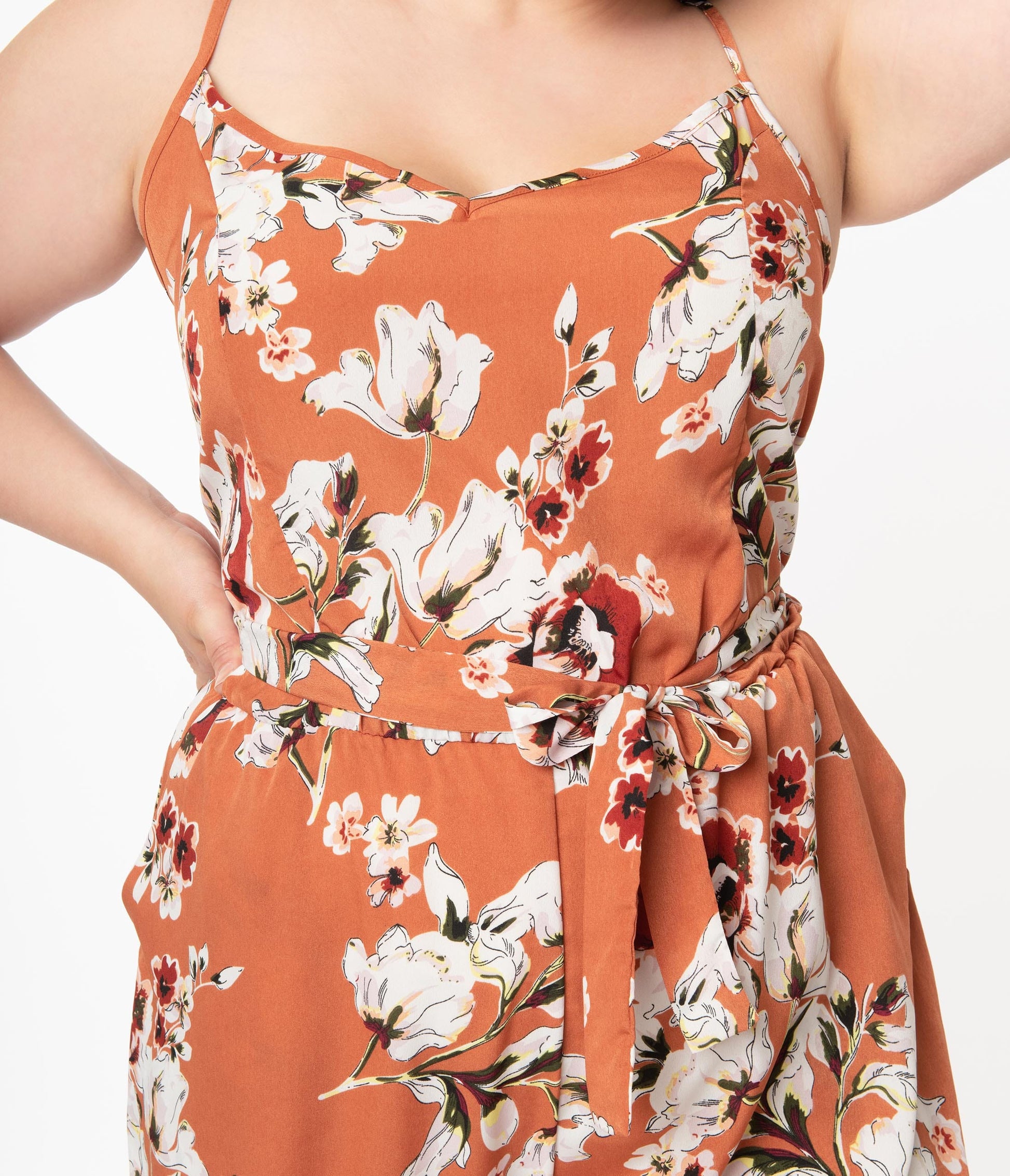 1970s Unique Vintage Plus Size Rust Orange & Taupe Floral Print Raleigh Jumpsuit