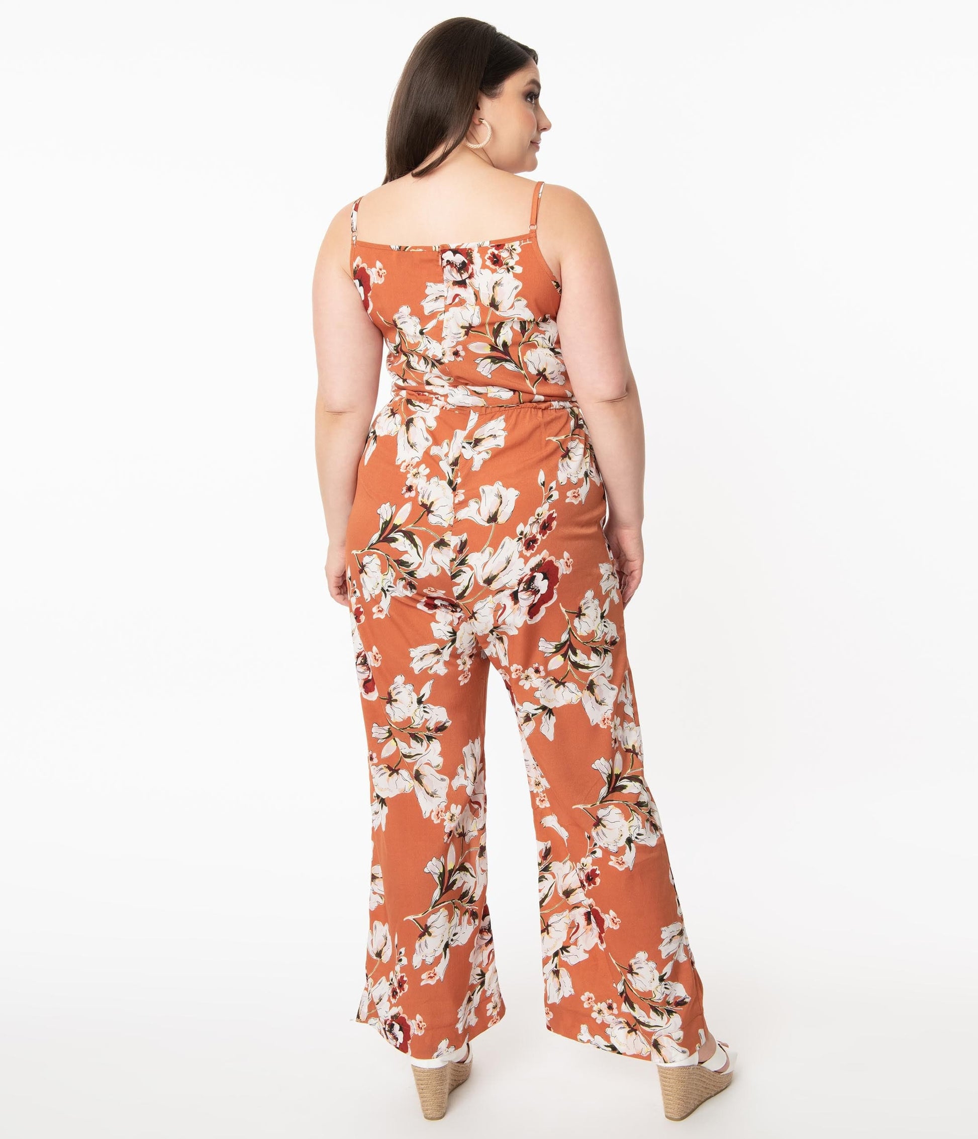 1970s Unique Vintage Plus Size Rust Orange & Taupe Floral Print Raleigh Jumpsuit