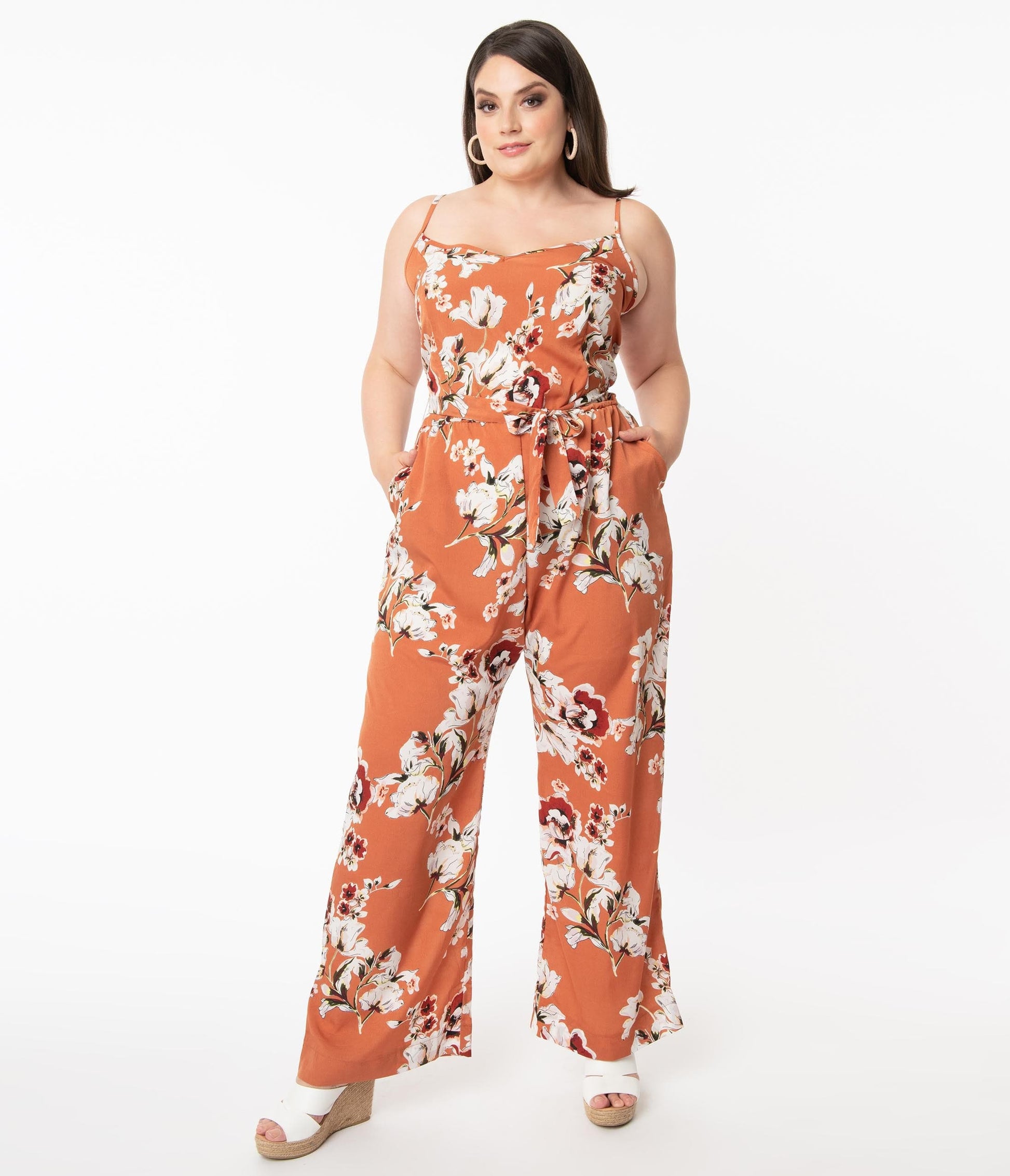1970s Unique Vintage Plus Size Rust Orange & Taupe Floral Print Raleigh Jumpsuit
