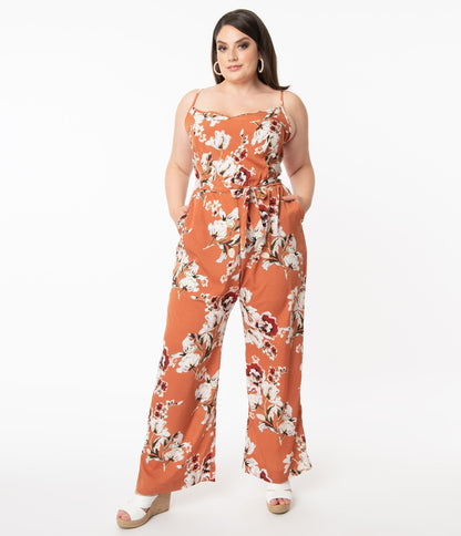 1970s Unique Vintage Plus Size Rust Orange & Taupe Floral Print Raleigh Jumpsuit