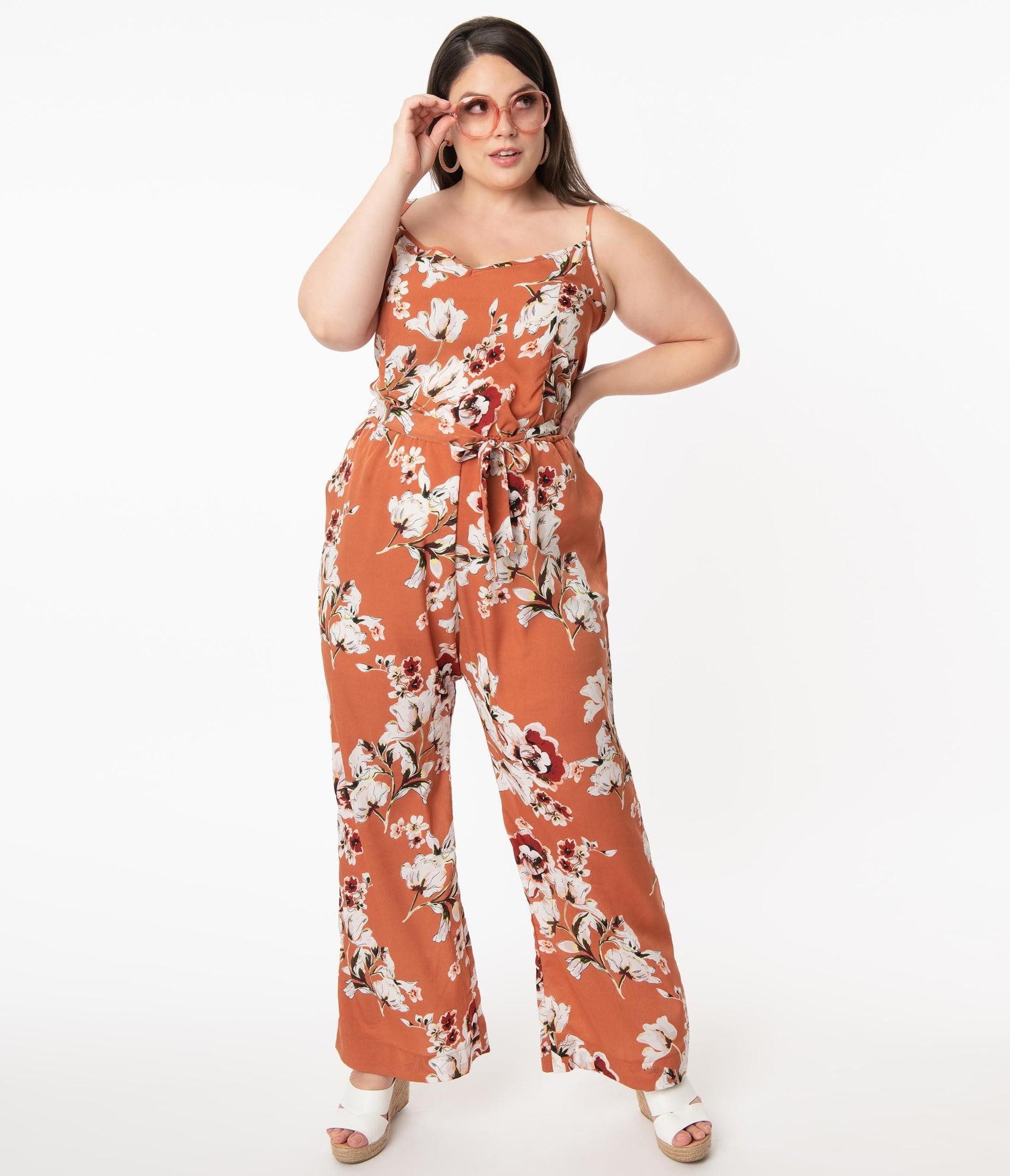 1970s Unique Vintage Plus Size Rust Orange & Taupe Floral Print Raleigh Jumpsuit