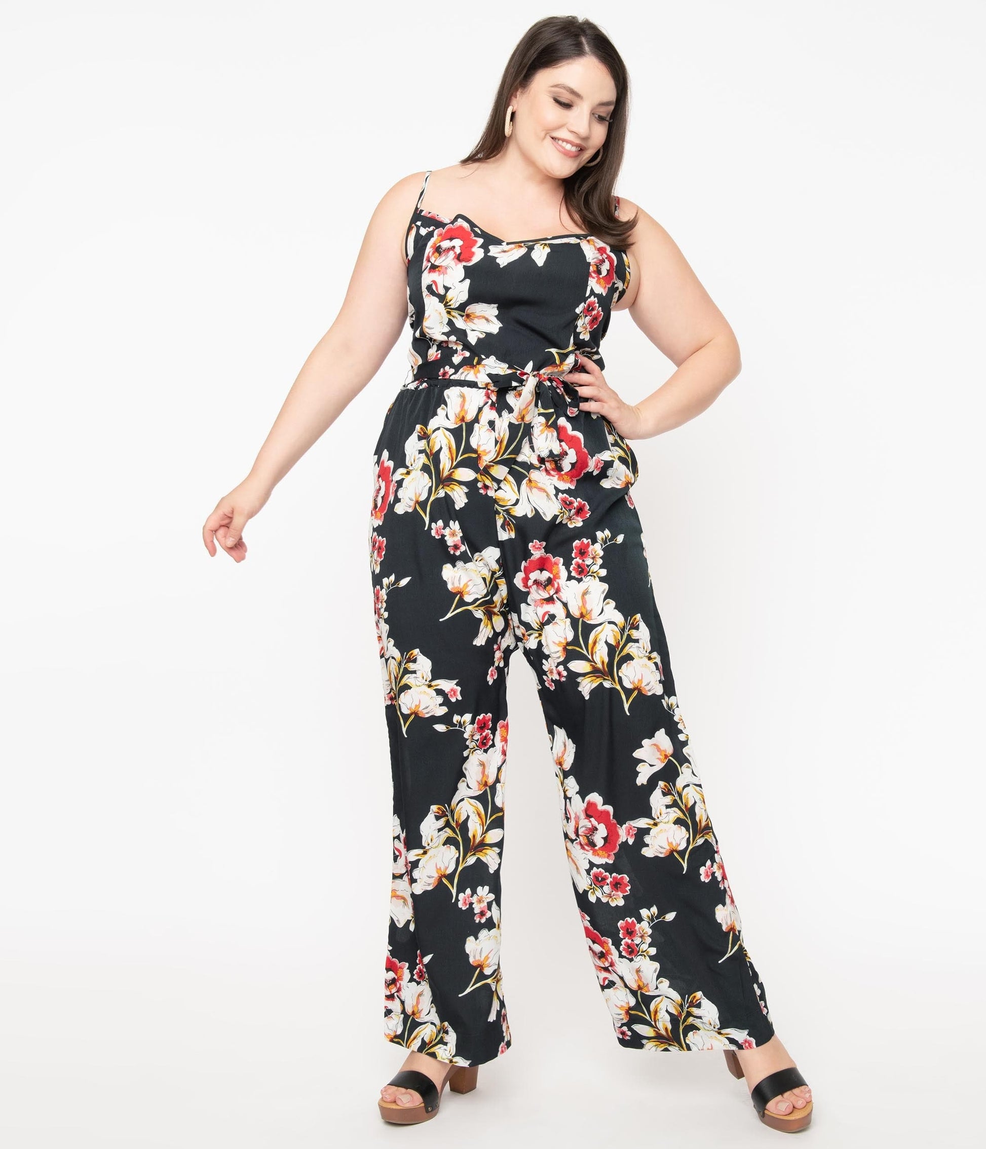 Unique Vintage Plus Size Dark Green & Red Floral Print Raleigh Jumpsuit