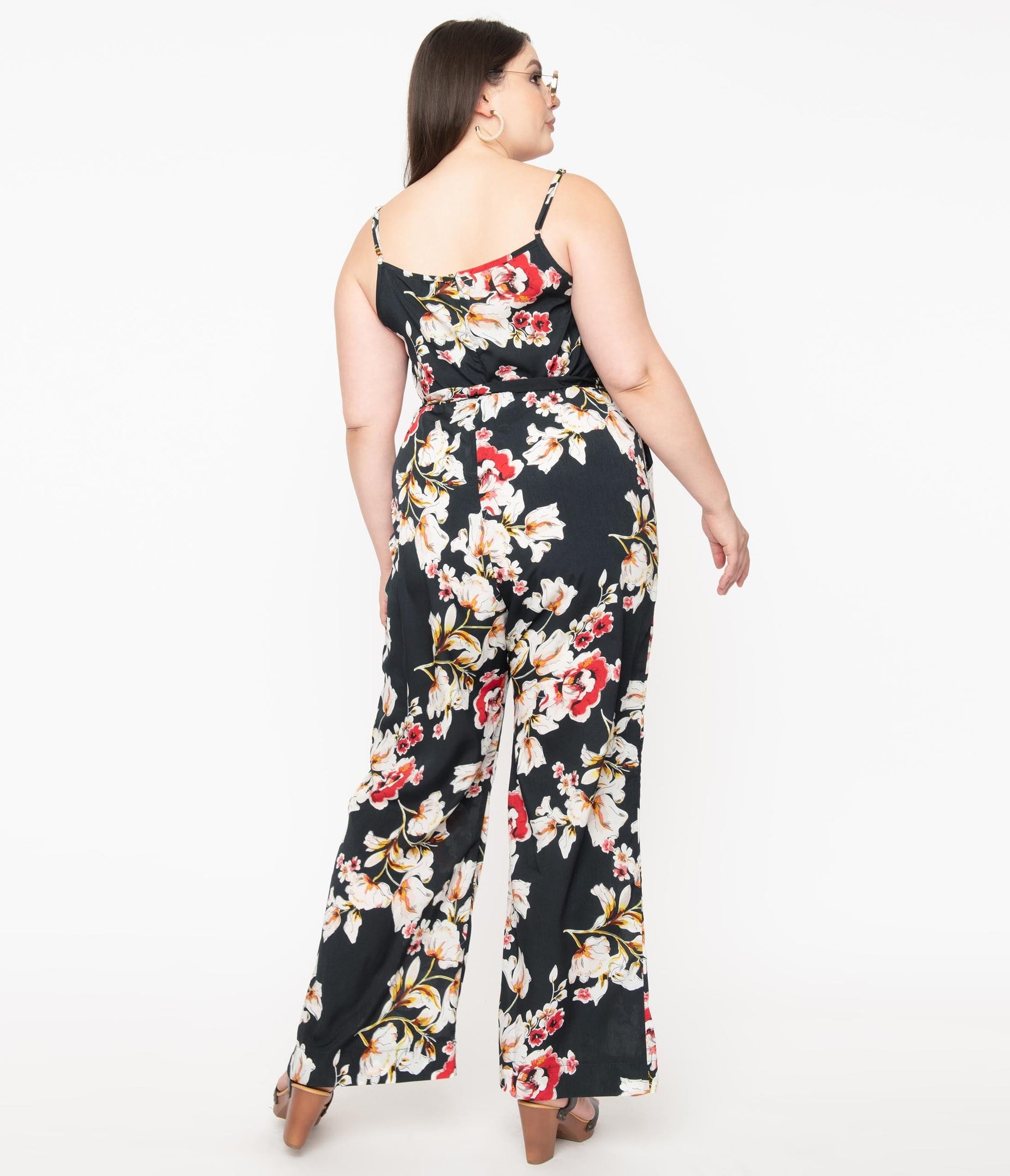 Unique Vintage Plus Size Dark Green & Red Floral Print Raleigh Jumpsuit