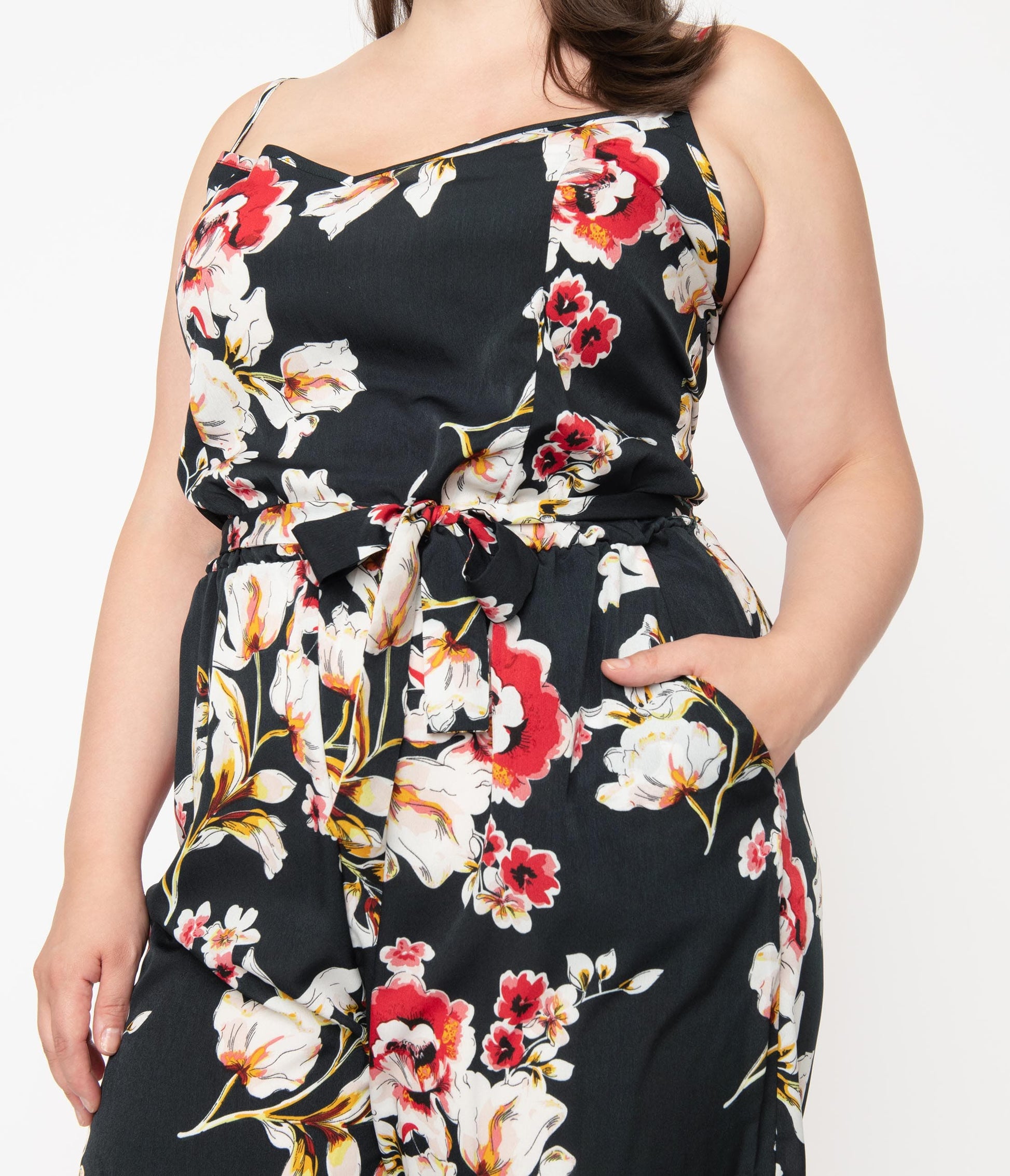Unique Vintage Plus Size Dark Green & Red Floral Print Raleigh Jumpsuit
