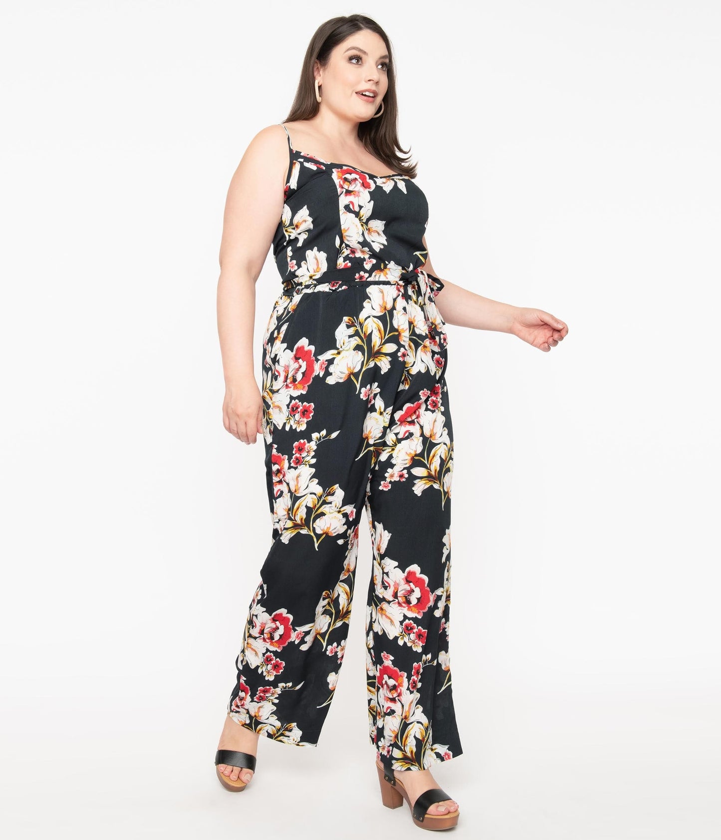 Unique Vintage Plus Size Dark Green & Red Floral Print Raleigh Jumpsuit