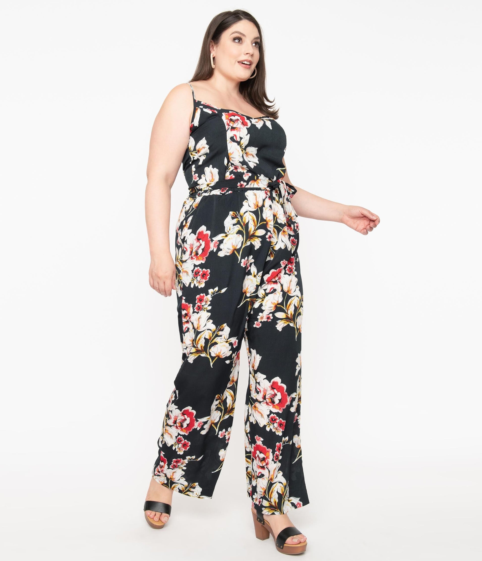 Unique Vintage Plus Size Dark Green & Red Floral Print Raleigh Jumpsuit
