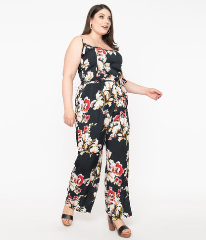 Unique Vintage Plus Size Dark Green & Red Floral Print Raleigh Jumpsuit