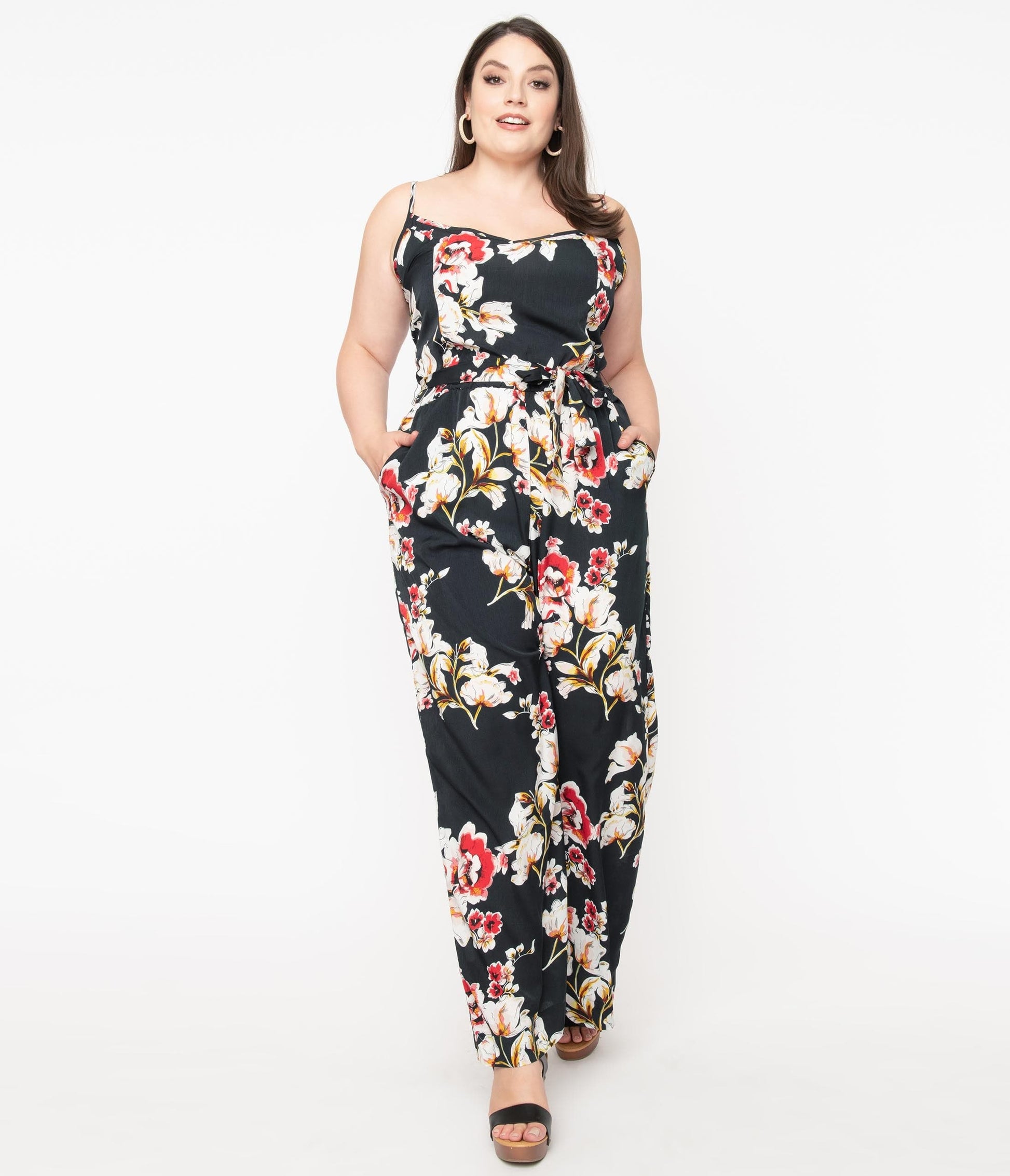 Unique Vintage Plus Size Dark Green & Red Floral Print Raleigh Jumpsuit