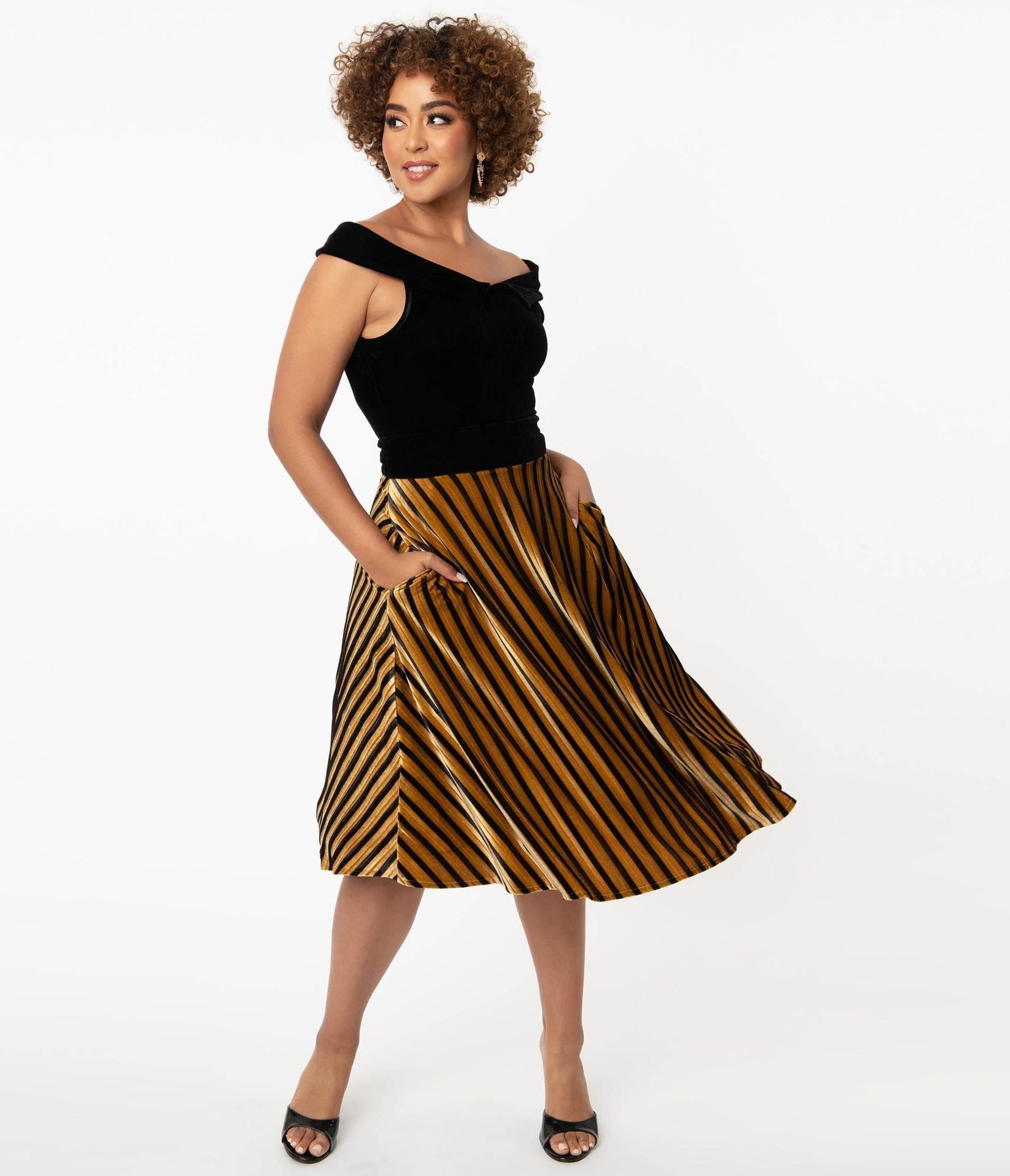 1950s Unique Vintage Mustard & Black Stripe Velvet Vivien Swing Skirt