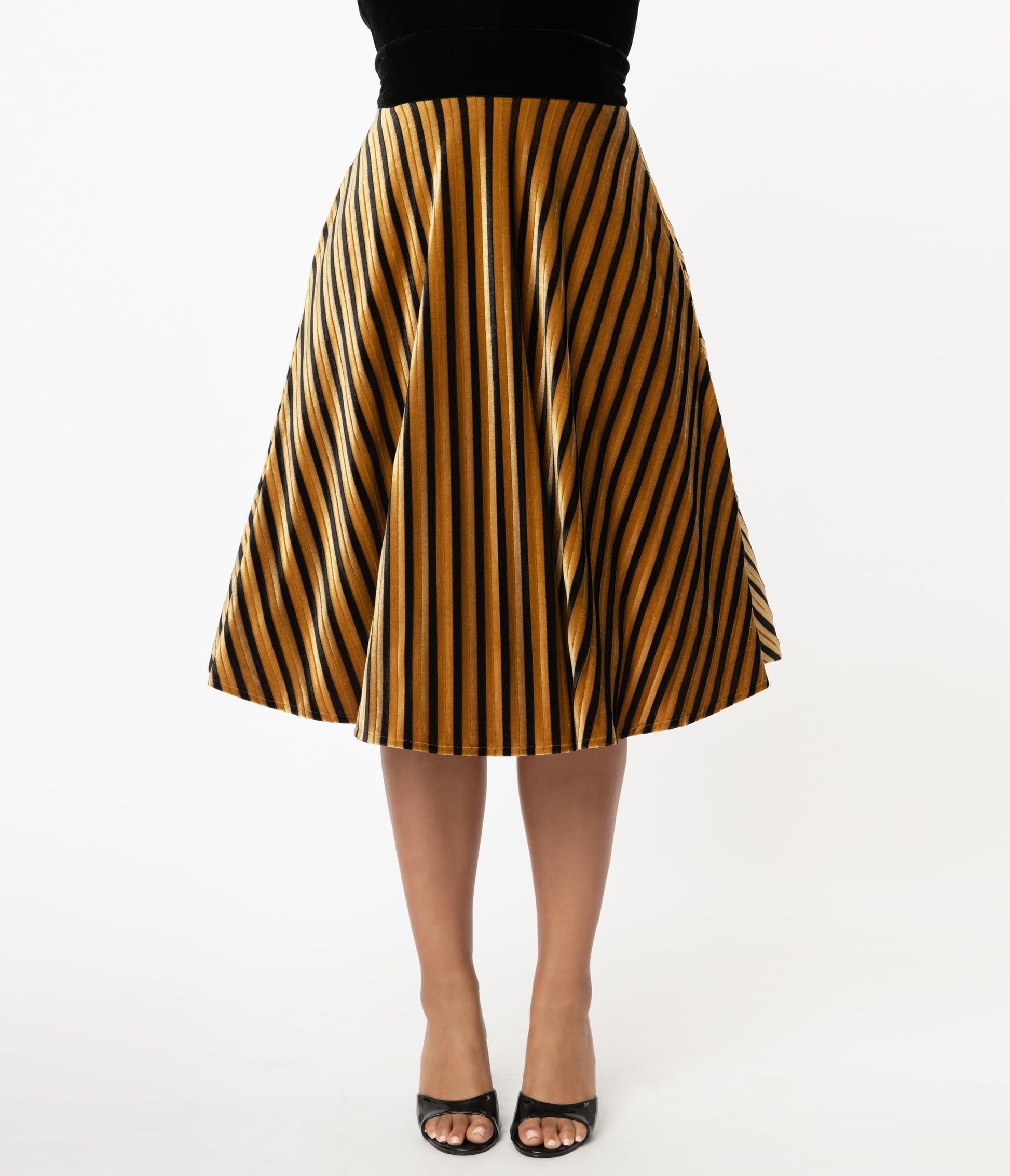 1950s Unique Vintage Mustard & Black Stripe Velvet Vivien Swing Skirt