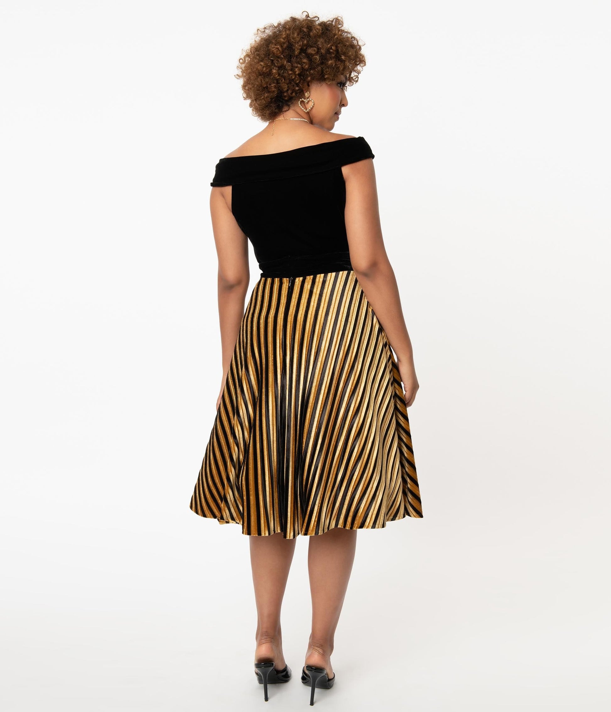 1950s Unique Vintage Mustard & Black Stripe Velvet Vivien Swing Skirt