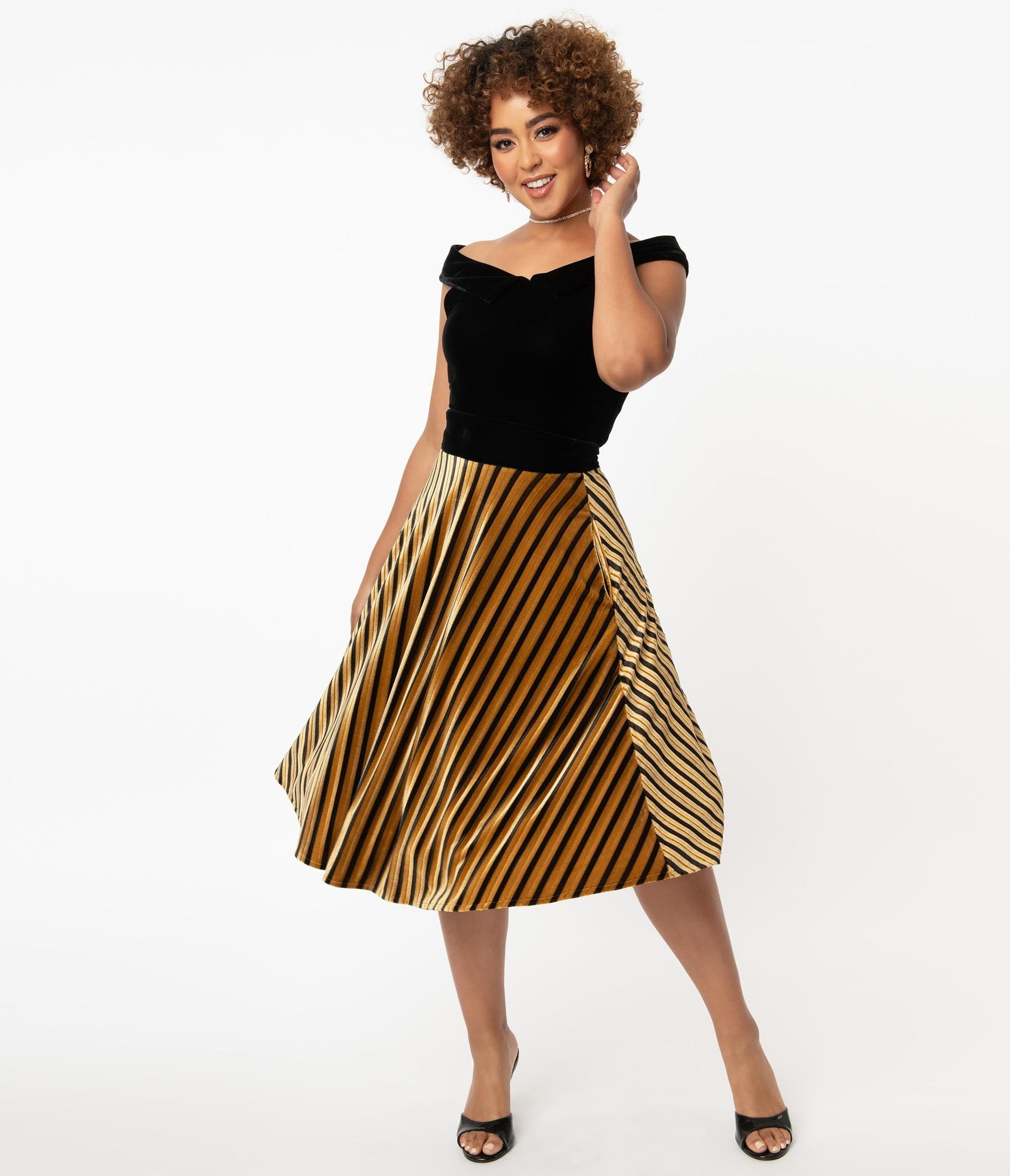 1950s Unique Vintage Mustard & Black Stripe Velvet Vivien Swing Skirt