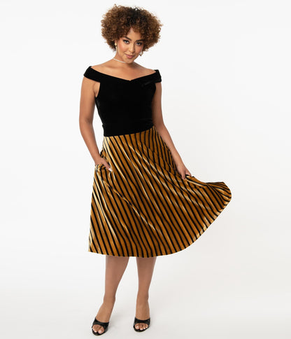1950s Unique Vintage Mustard & Black Stripe Velvet Vivien Swing Skirt