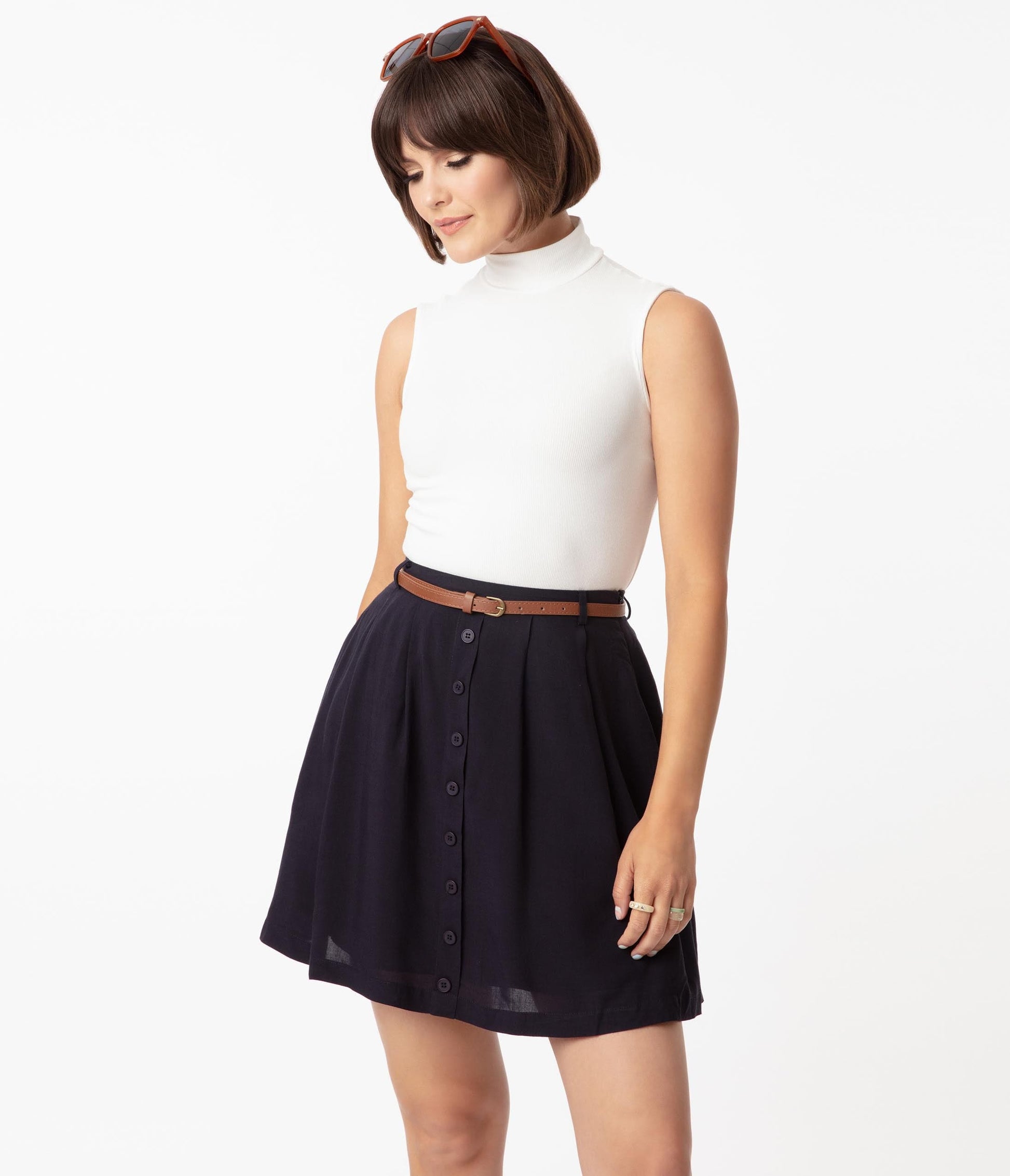 Retro Style Navy Blue Belted Flare Skirt