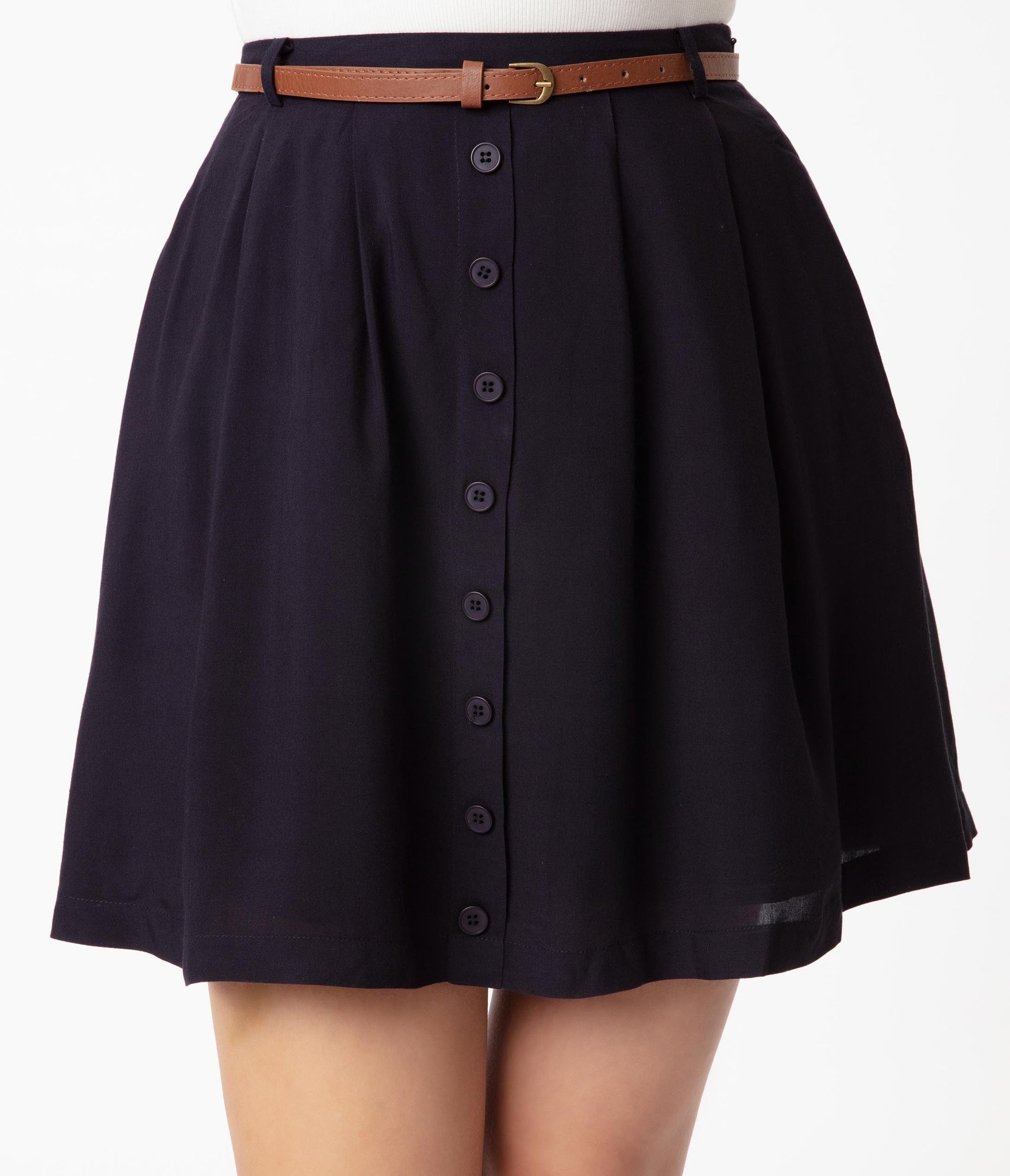 Retro Style Navy Blue Belted Flare Skirt