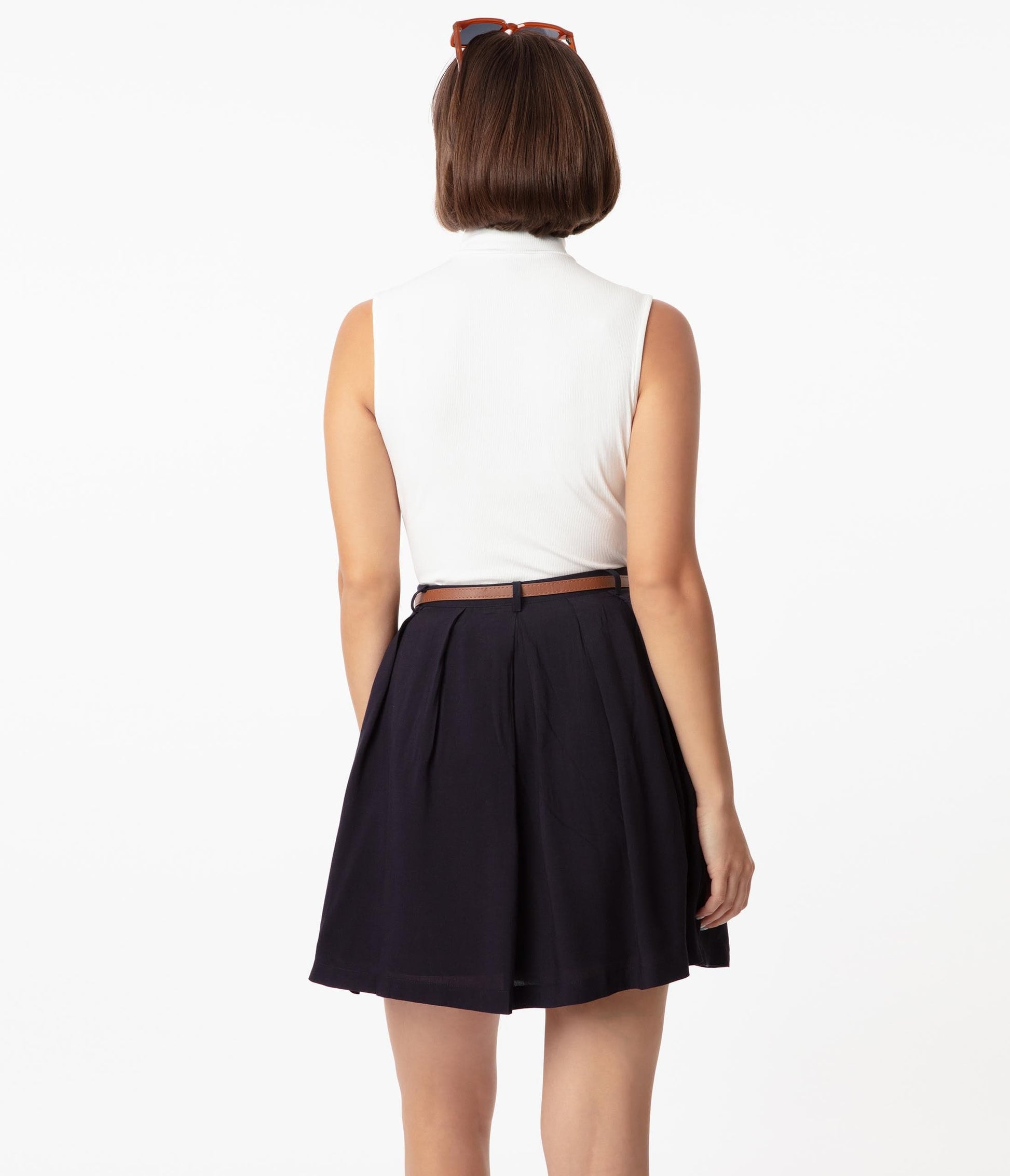 Retro Style Navy Blue Belted Flare Skirt