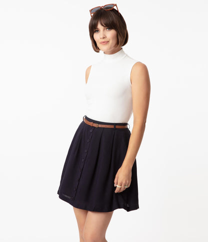 Retro Style Navy Blue Belted Flare Skirt