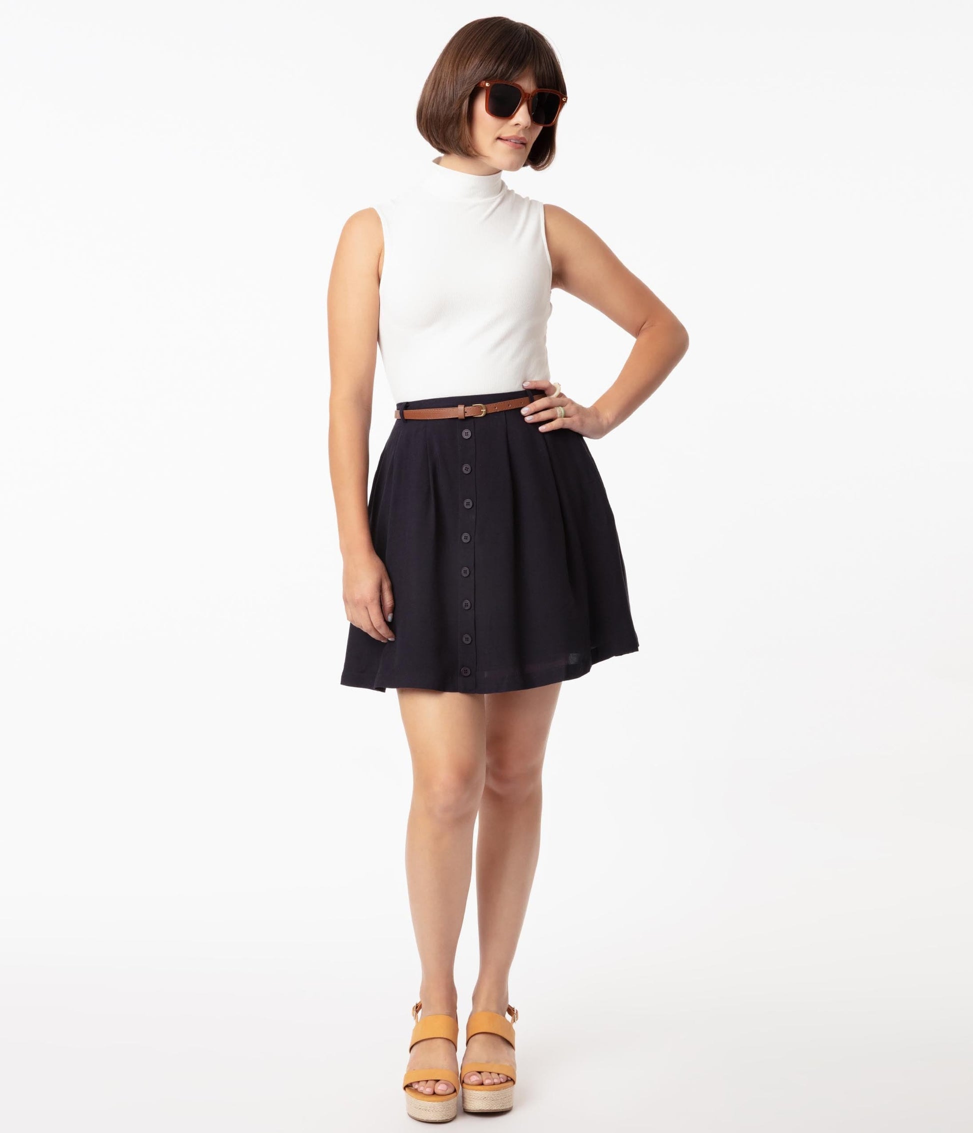 Retro Style Navy Blue Belted Flare Skirt