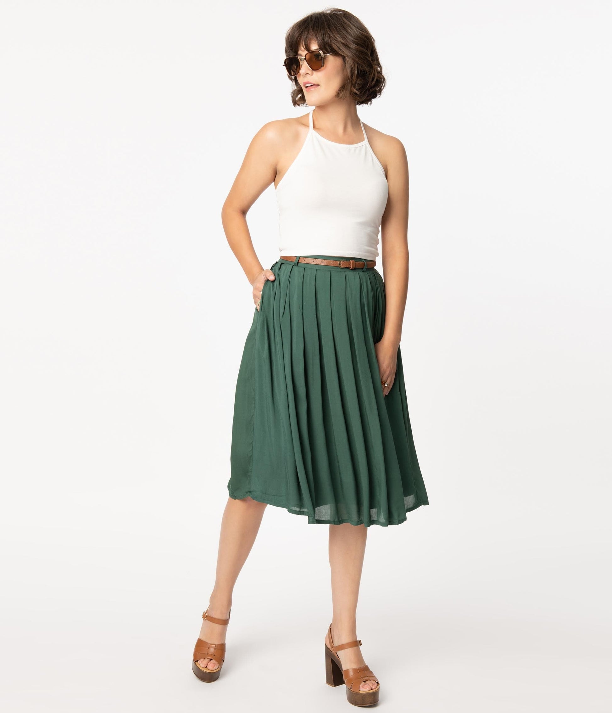 Vintage Style Dark Green Pleated Skirt