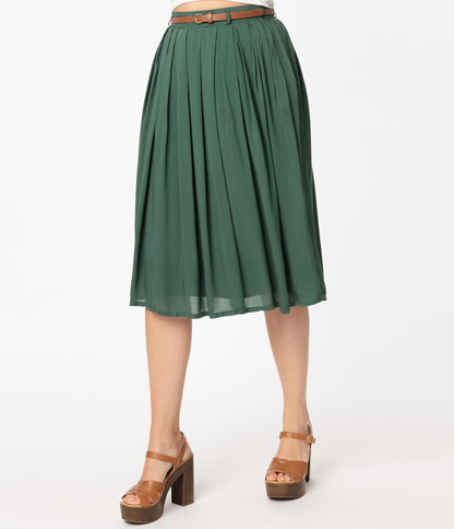 Vintage Style Dark Green Pleated Skirt