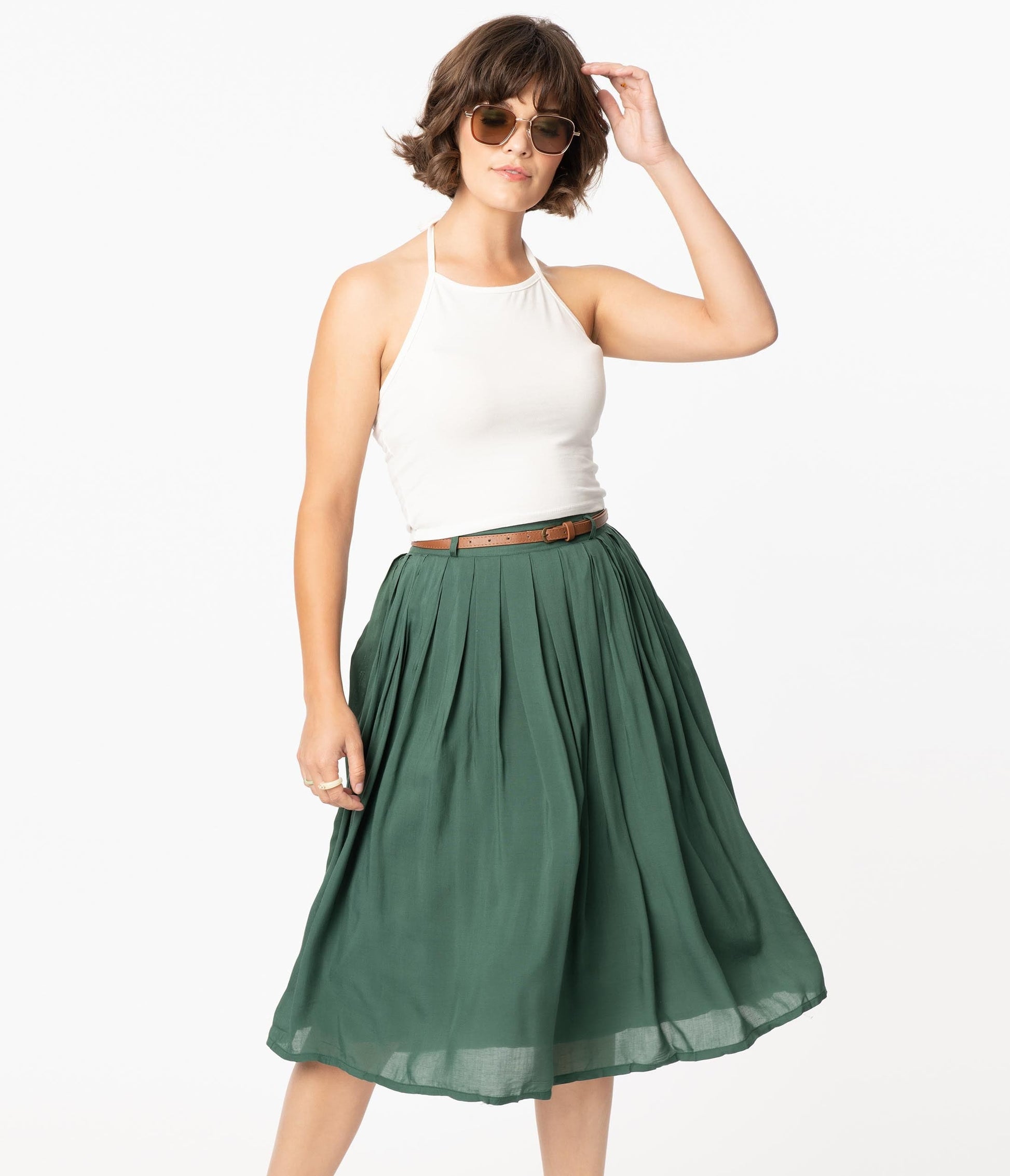 Vintage Style Dark Green Pleated Skirt