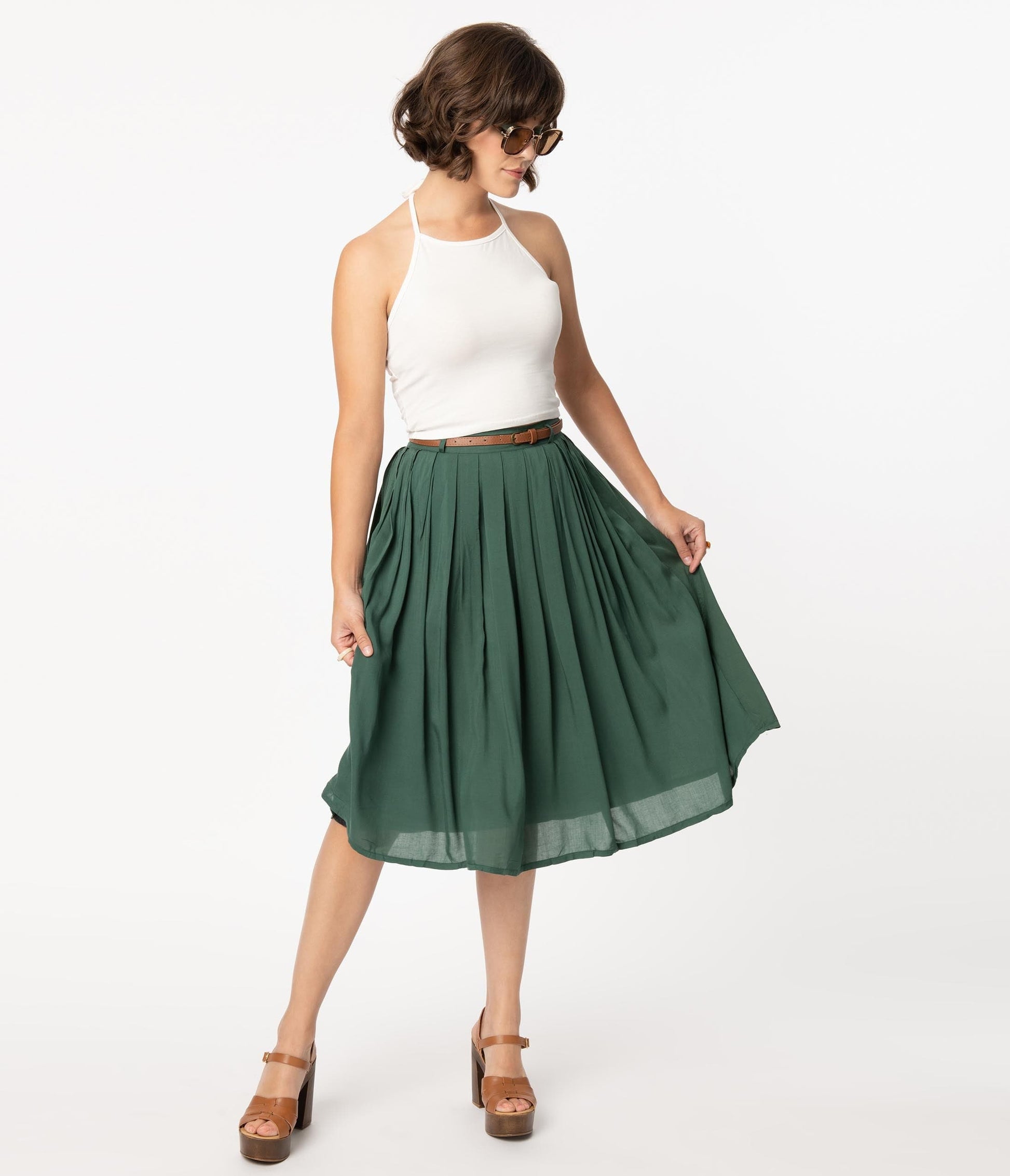 Vintage Style Dark Green Pleated Skirt