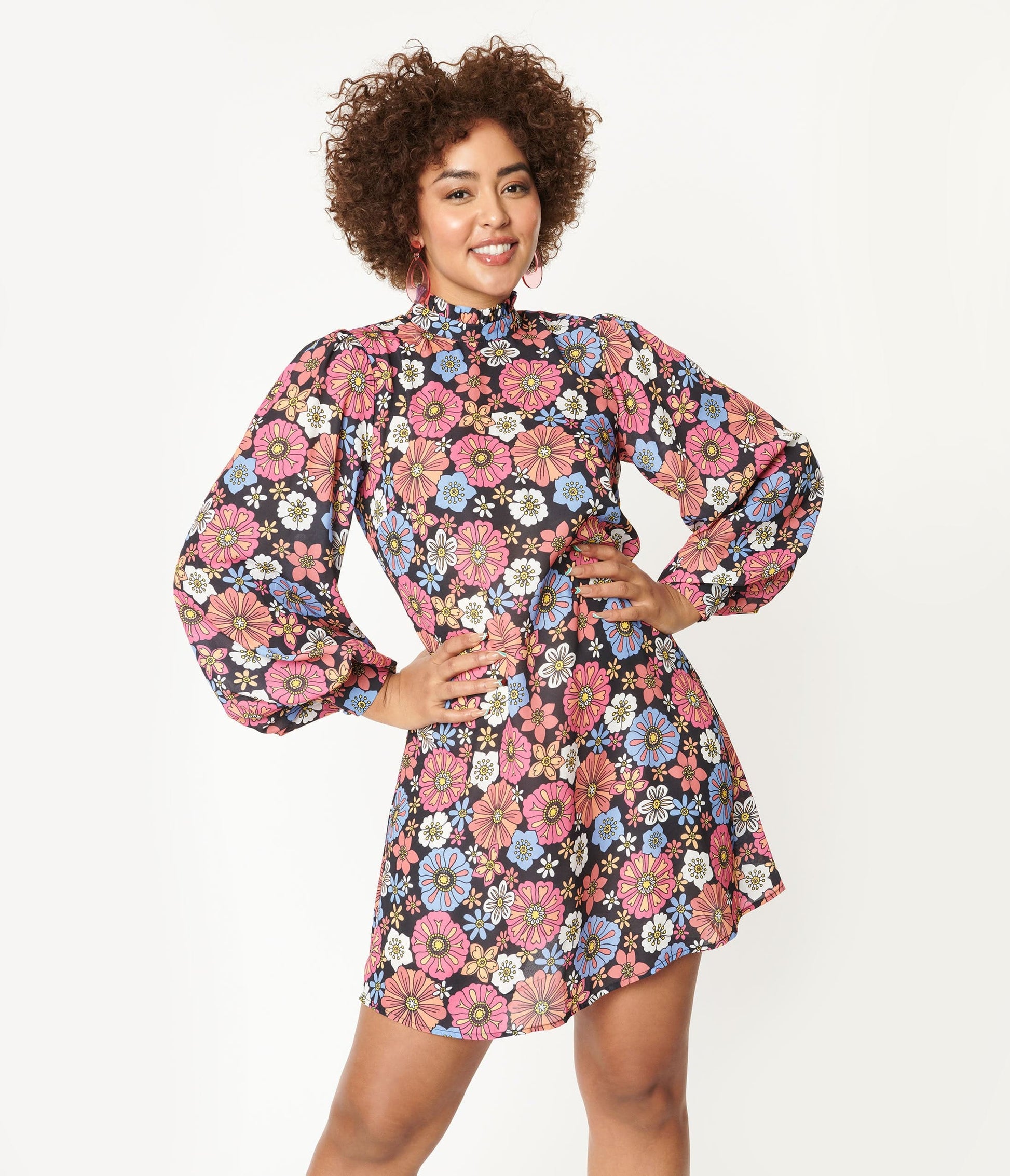 1960s Smak Parlour Black & Purple Floral Girl Talk Mini Dress