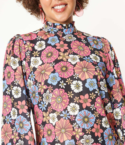 1960s Smak Parlour Black & Purple Floral Girl Talk Mini Dress