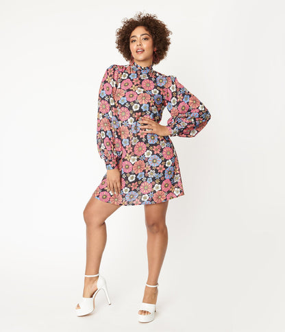 1960s Smak Parlour Black & Purple Floral Girl Talk Mini Dress