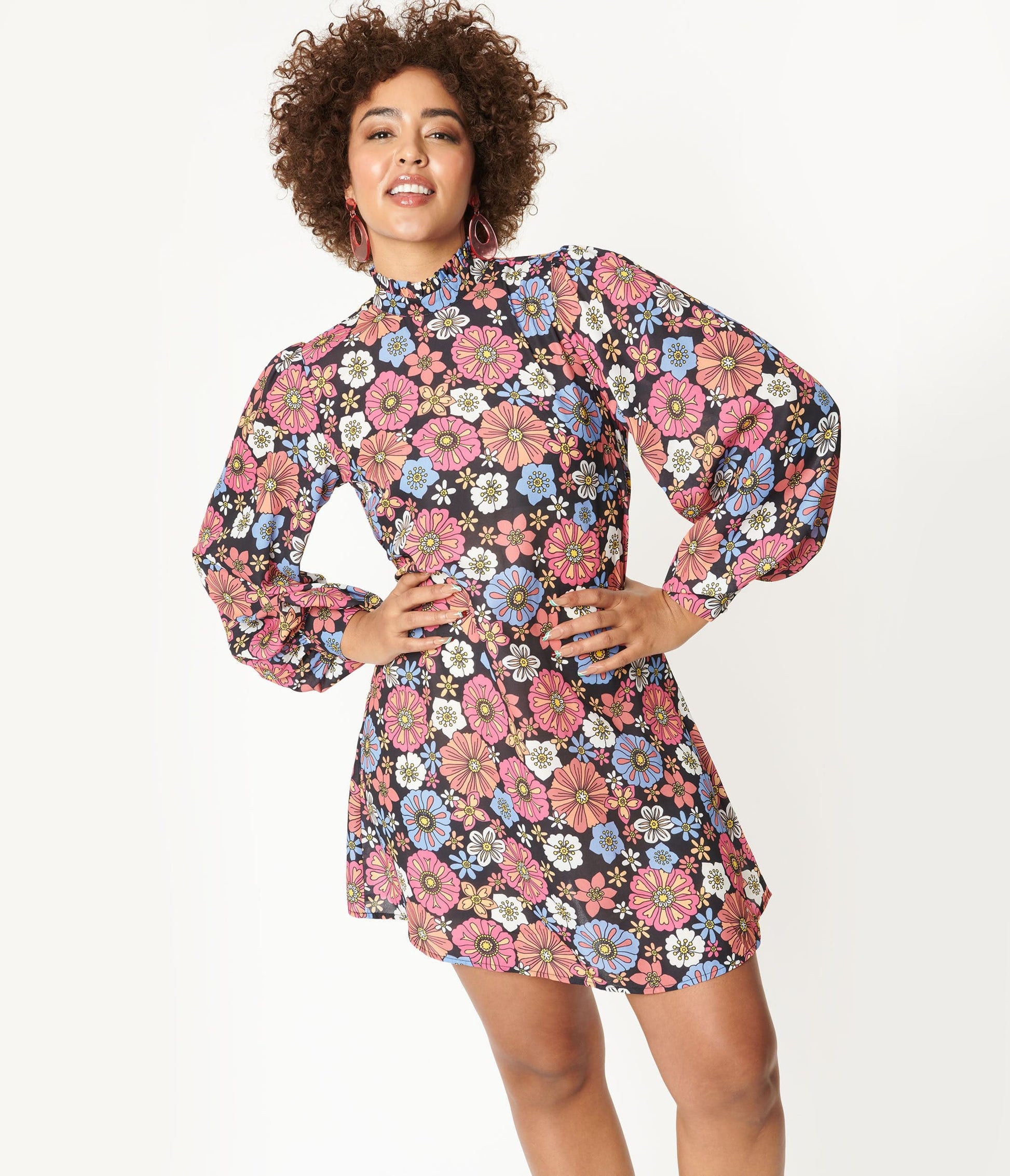 1960s Smak Parlour Black & Purple Floral Girl Talk Mini Dress
