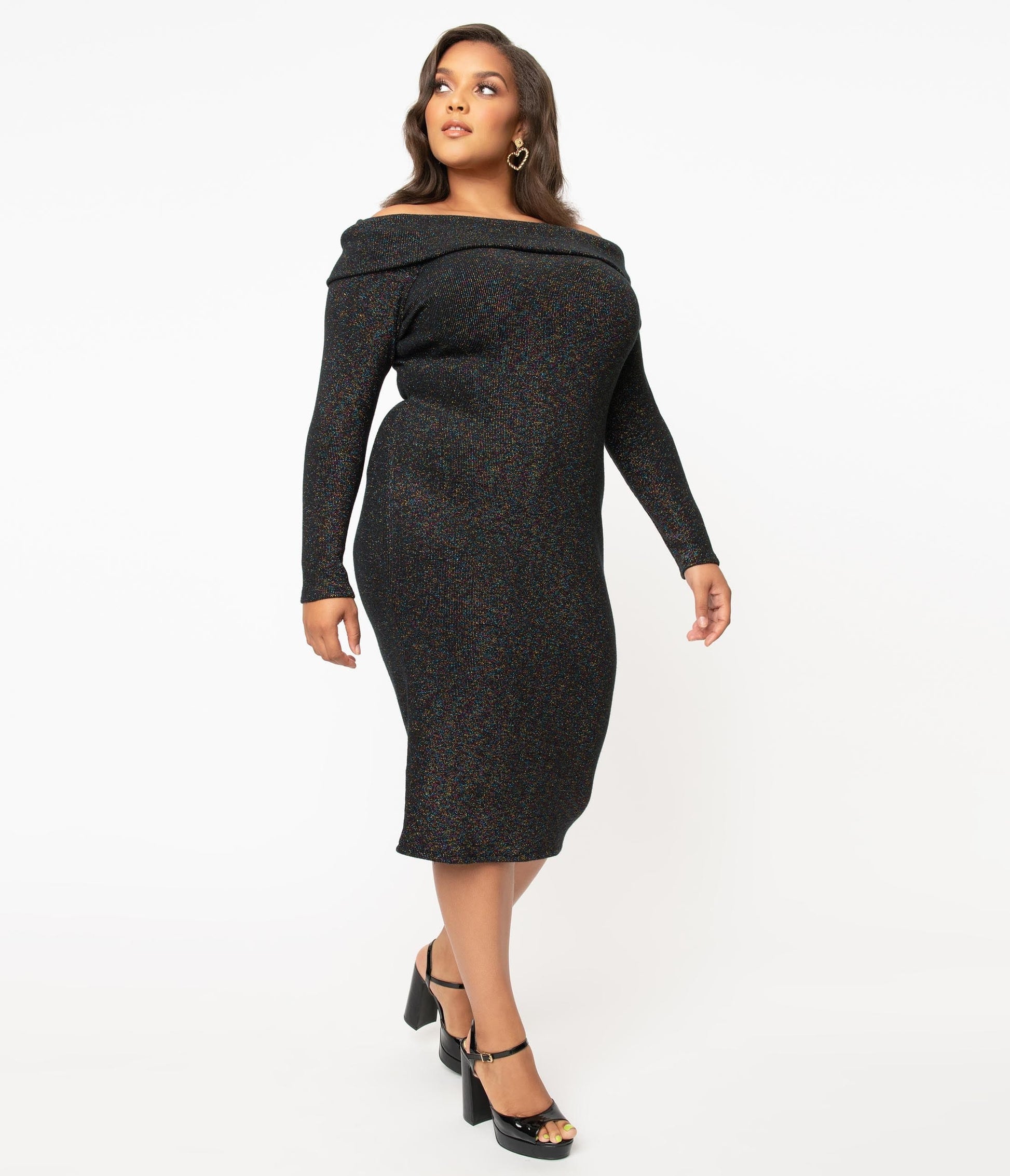 1950s Unique Vintage Plus Size Black & Rainbow Sparkle Vickie Wiggle Dress