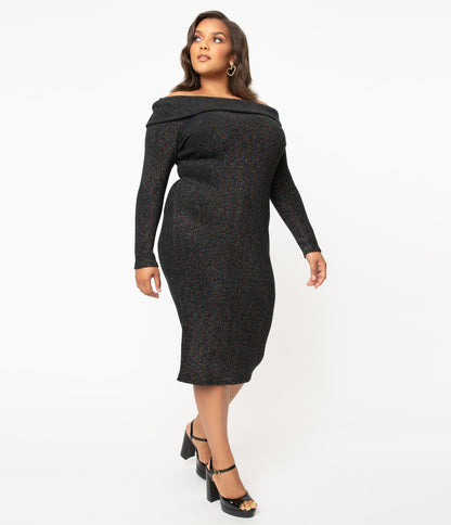 1950s Unique Vintage Plus Size Black & Rainbow Sparkle Vickie Wiggle Dress