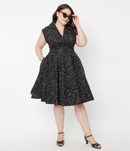 Magnolia Place Plus Size Black & Galaxy Print Tamara Swing Dress