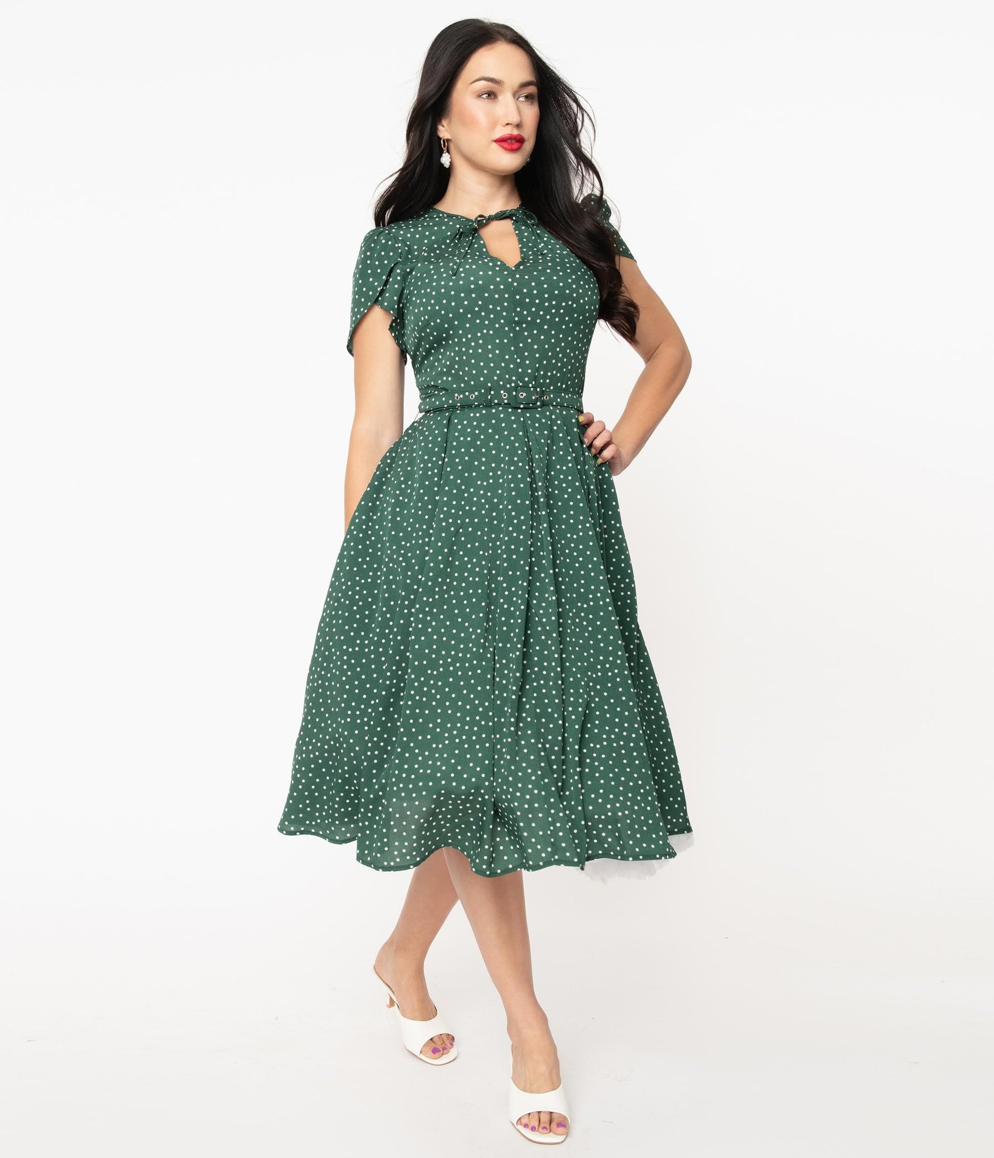 Unique Vintage Green & White Polka Dot Dahlia Swing Dress