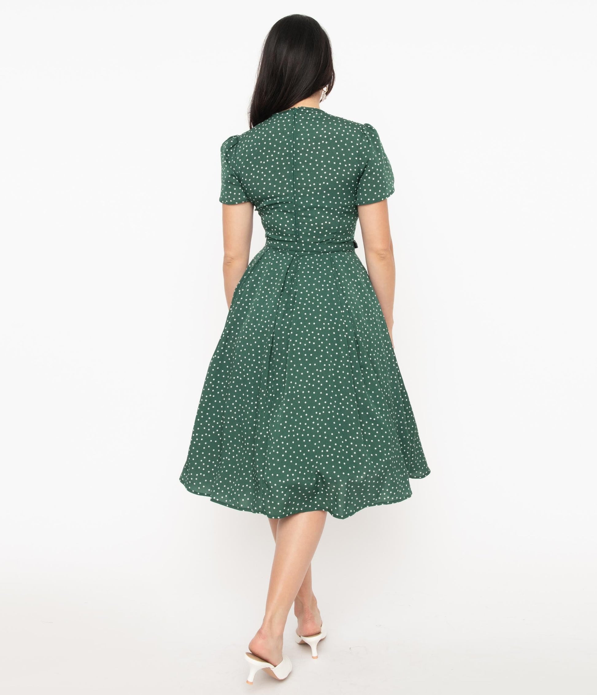 Unique Vintage Green & White Polka Dot Dahlia Swing Dress