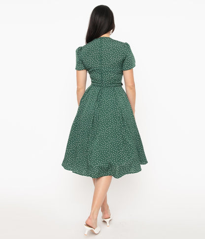 Unique Vintage Green & White Polka Dot Dahlia Swing Dress
