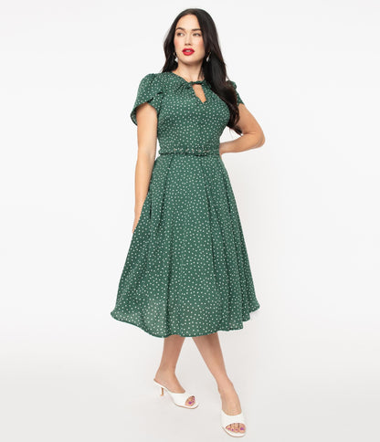 Unique Vintage Green & White Polka Dot Dahlia Swing Dress