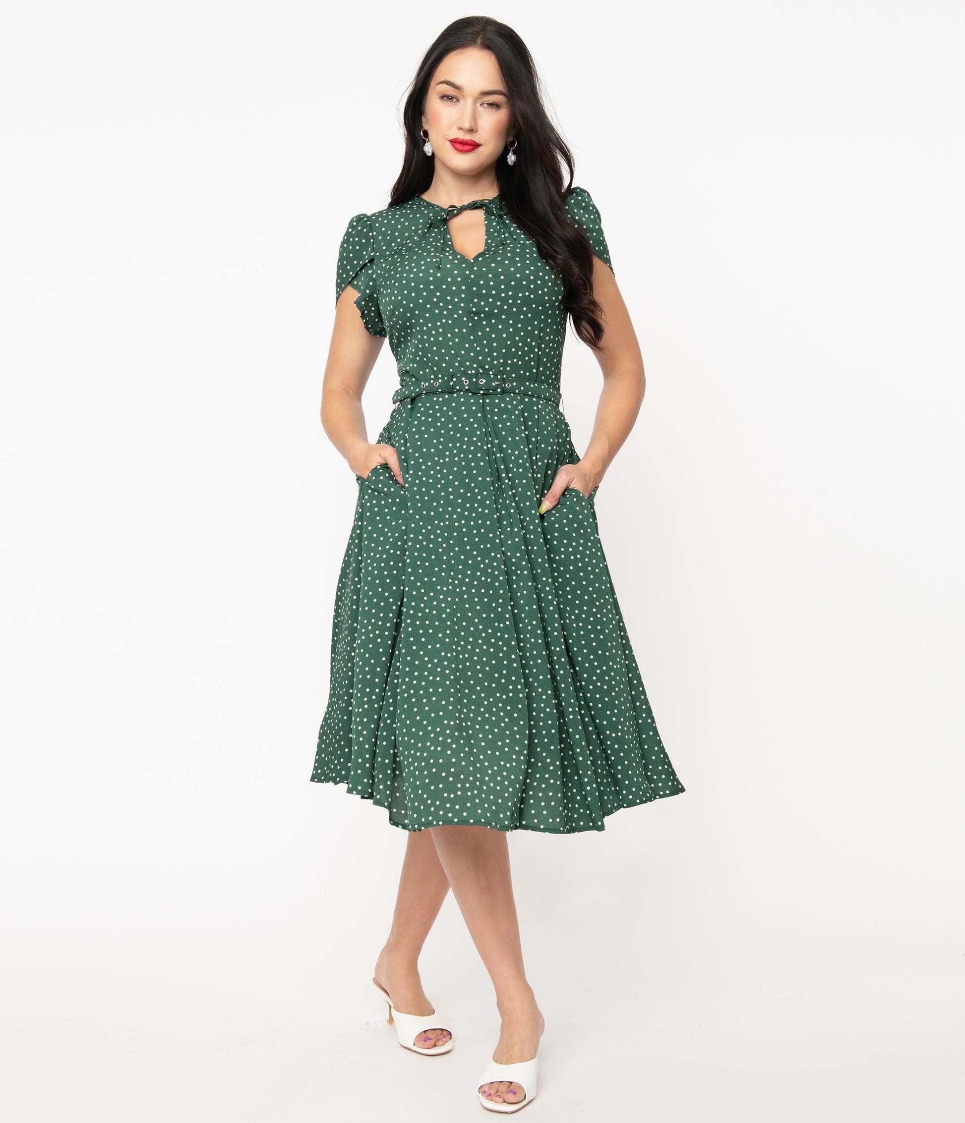 Unique Vintage Green & White Polka Dot Dahlia Swing Dress