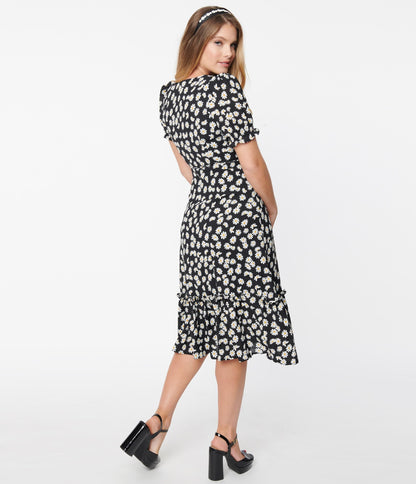 1940s Black & White Daisy Print Midi Wrap Dress