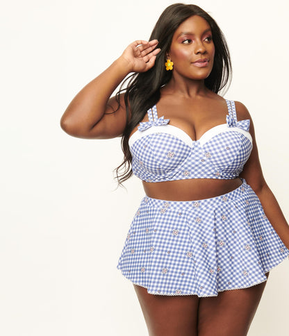 Unique Vintage Plus Size Blue Gingham & Daisy Bowed Over Swim Top
