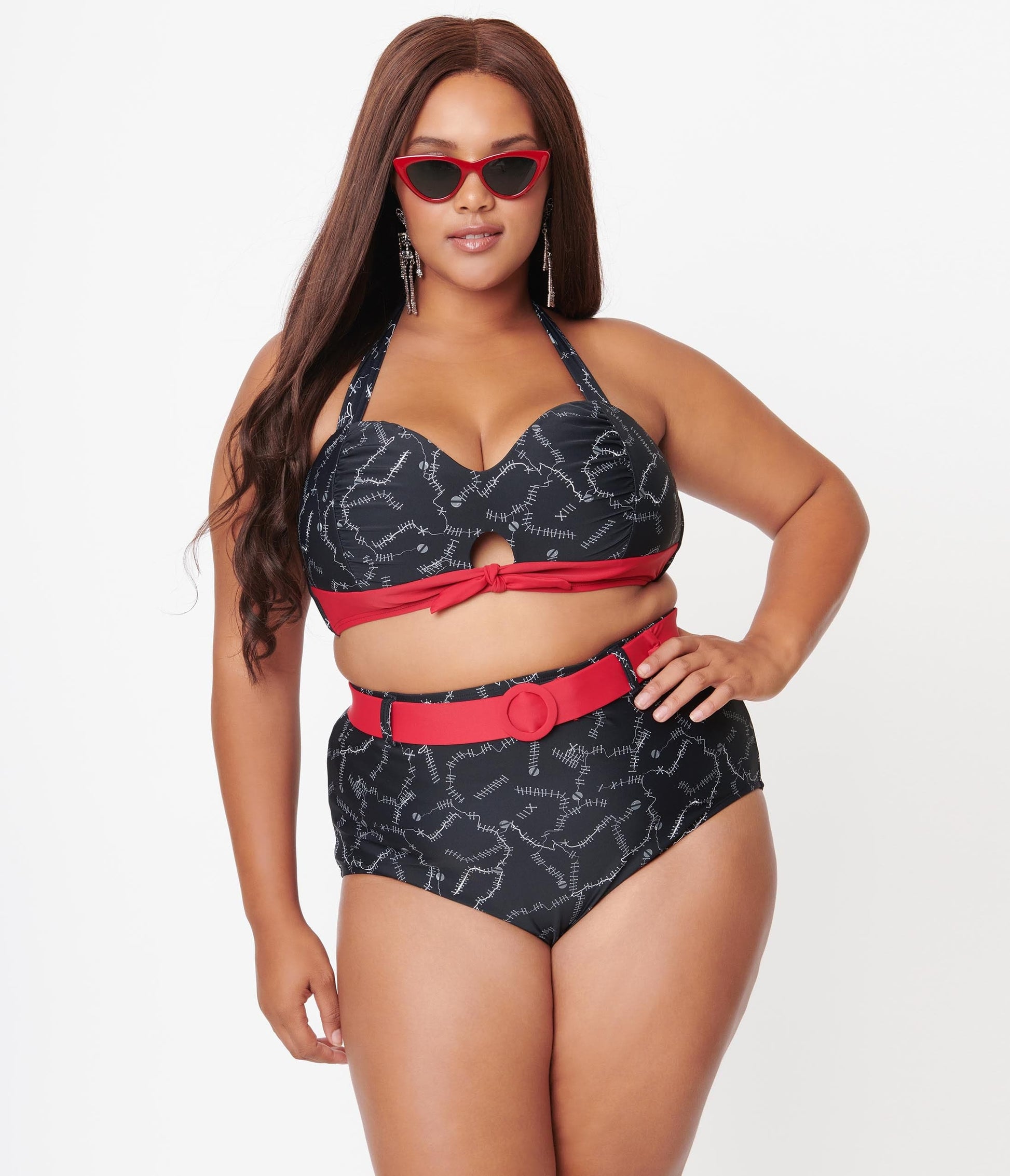Unique Vintage Plus Size Black Spooky Stitches Mrs. West Swim Top